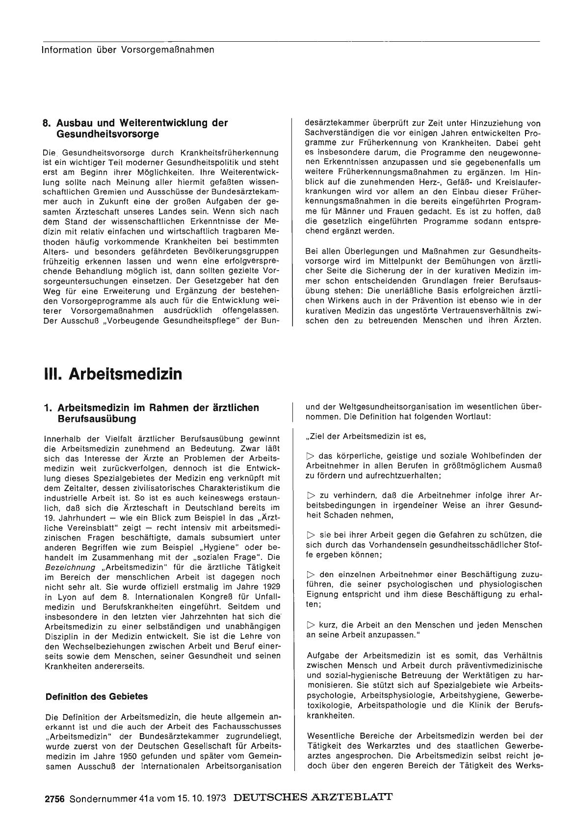 Vorschauseite 1: Bericht über das Jahr 1972/73: B. Gesundheitspolitik in Einzeldarstellungen: III. Arbeitsmedizin