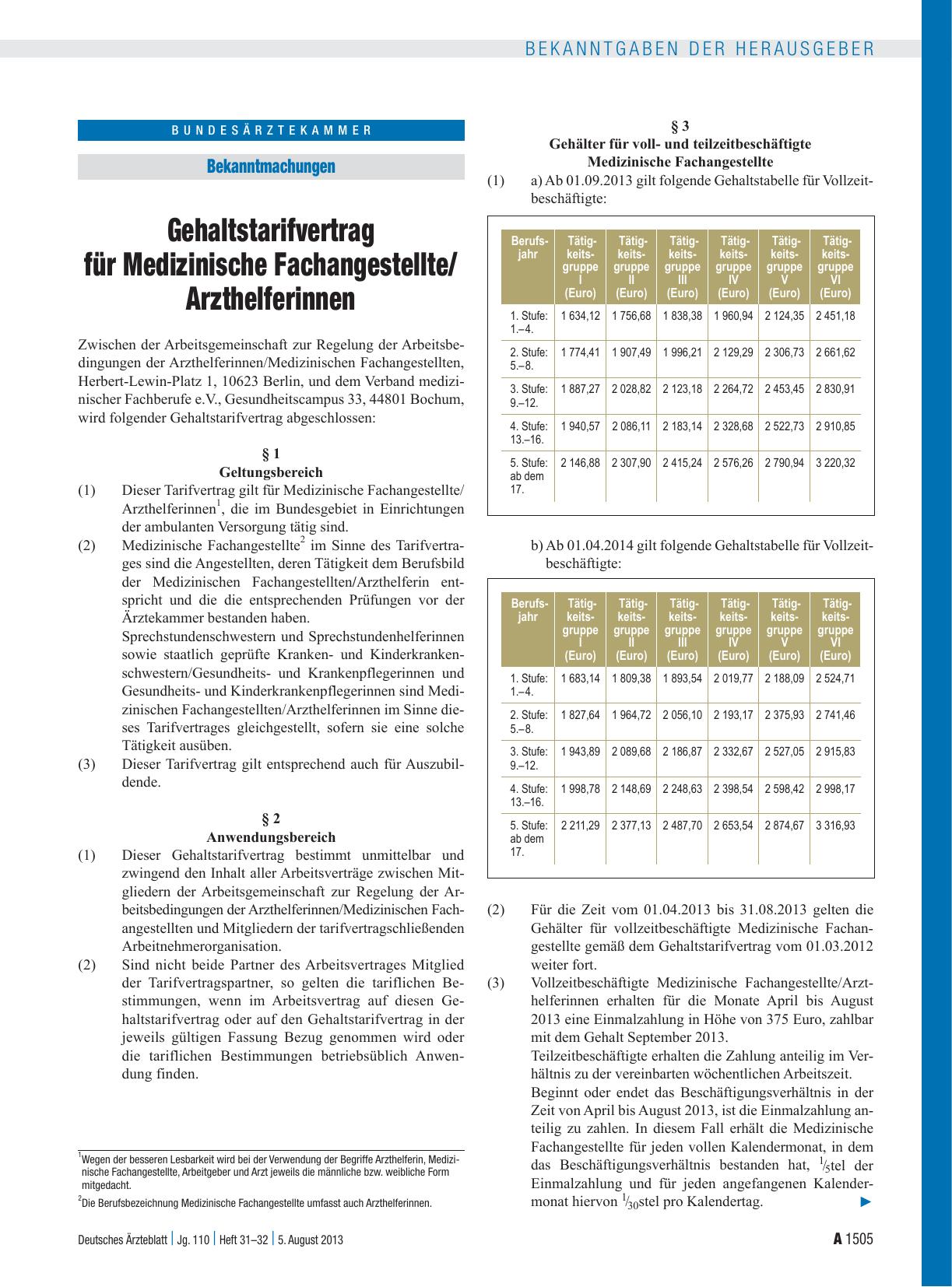 Vorschauseite 1: Gehaltstarifvertrag für Medizinische Fachangestellte/Arzthelferinnen