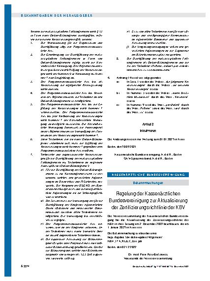 Vorschauseite 1: Regelung der Kassenärztlichen Bundesvereinigung zur Aktualisierung der Zertifizierungsrichtlinie der KBV