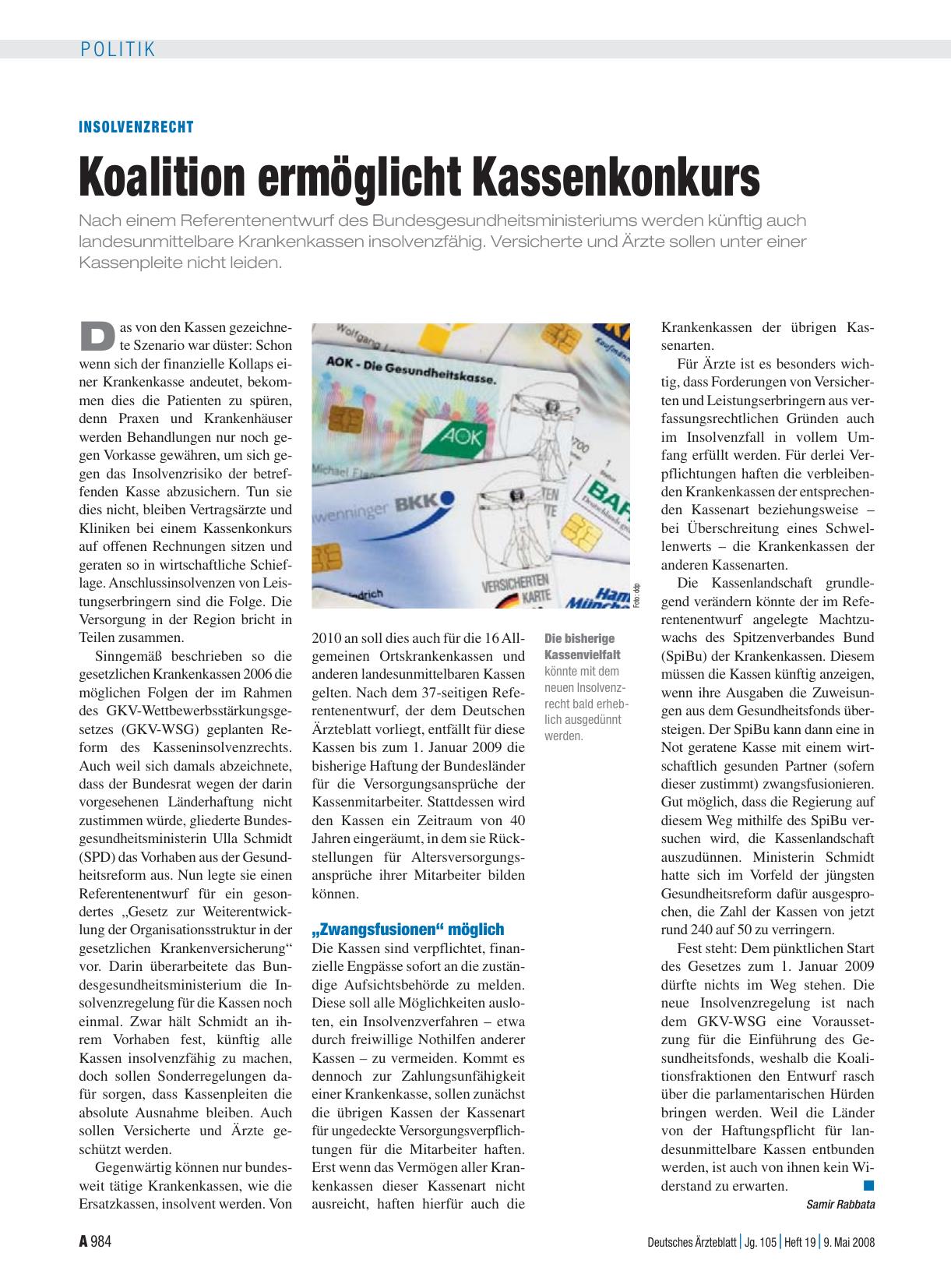 Vorschauseite 1: Insolvenzrecht: Koalition ermöglicht Kassenkonkurs