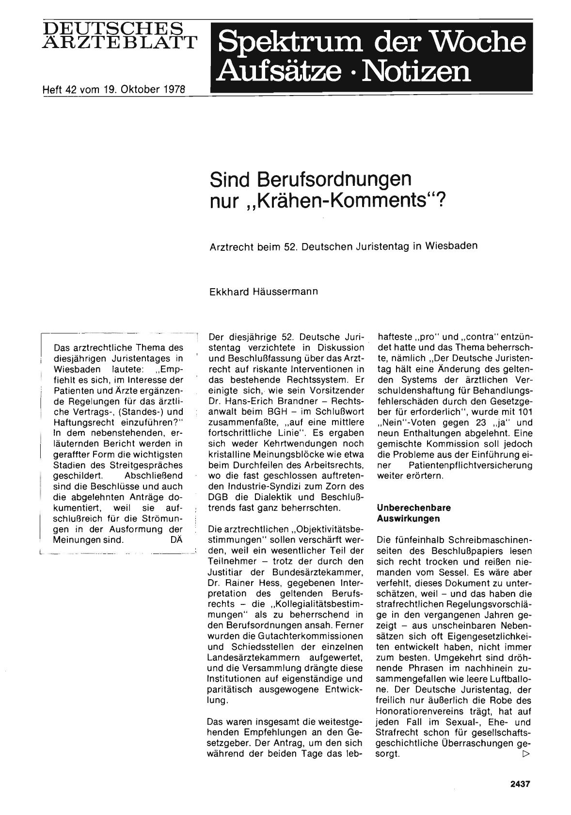 Vorschauseite 1: Sind Berufsordnungen nur „Krähen-Komments“? : Arztrecht beim 52. Deutschen Juristentag in Wiesbaden