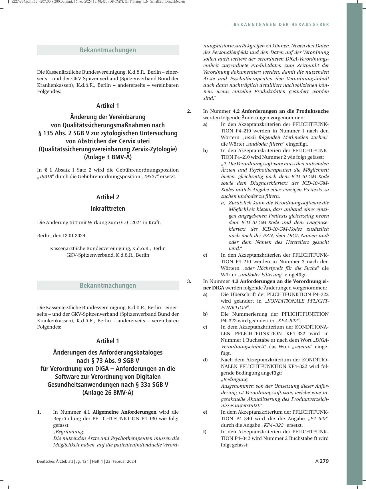 Vorschauseite 1: Änderung der Vereinbarung von Qualitätssicherungsmaßnahmen nach § 135 Abs. 2 SGB V zur zytologischen Untersuchung von Abstrichen der Cervix uteri (Qualitätssicherungsvereinbarung…