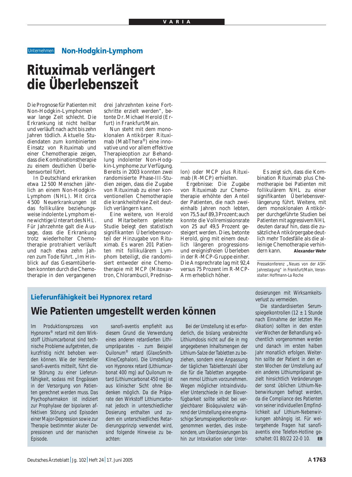 Vorschauseite 1: Non-Hodgkin-Lymphom: Rituximab verlängert die Überlebenszeit