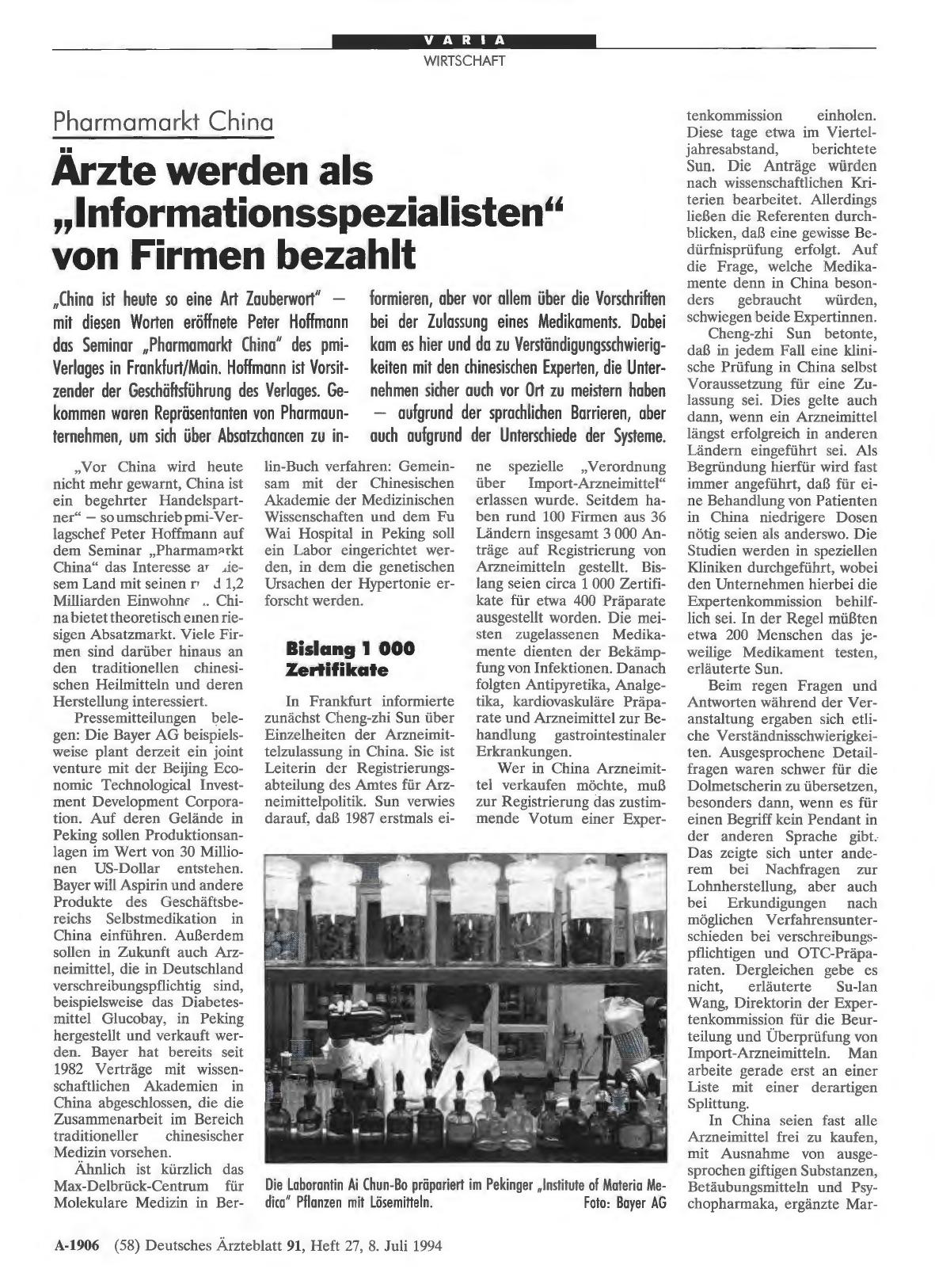 Vorschauseite 1: Pharmamarkt China: Ärzte werden als „Informationsspezialisten“ von Firmen bezahlt