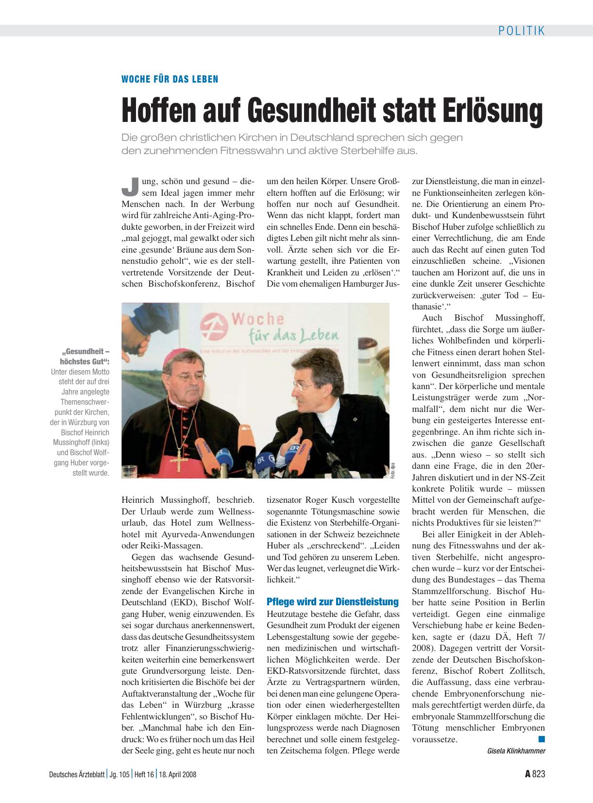 Vorschauseite 1: Woche für das Leben: Hoffen auf Gesundheit statt Erlösung