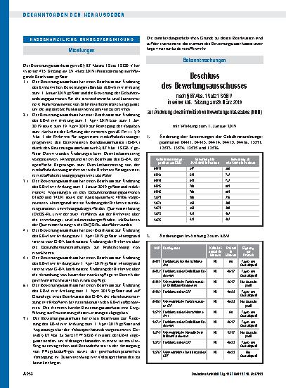 Vorschauseite 1: Beschluss des Bewertungsausschusses nach § 87 Abs. 1 Satz 1 SGB V in seiner 435. Sitzung: Änderung des Einheitlichen Bewertungsmaßstabes, Teil A, Teil B