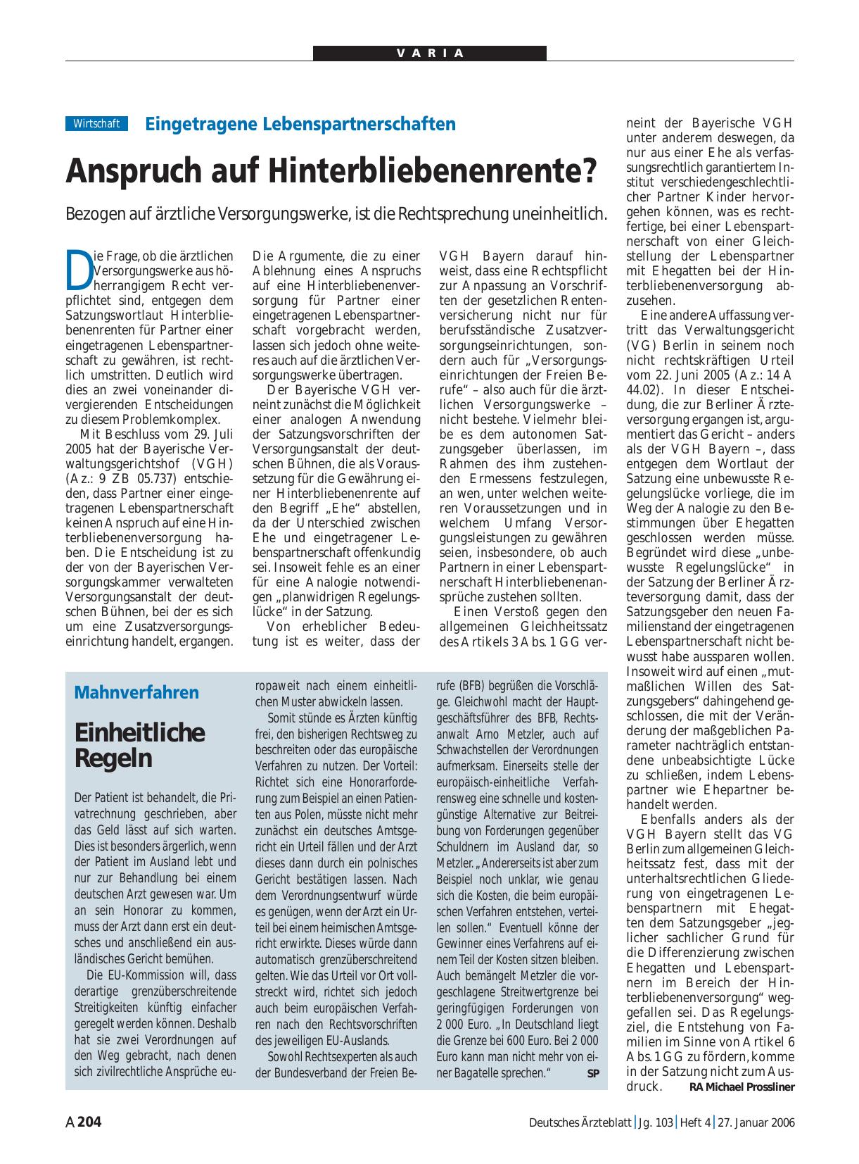Vorschauseite 1: Eingetragene Lebenspartnerschaften: Anspruch auf Hinterbliebenenrente?