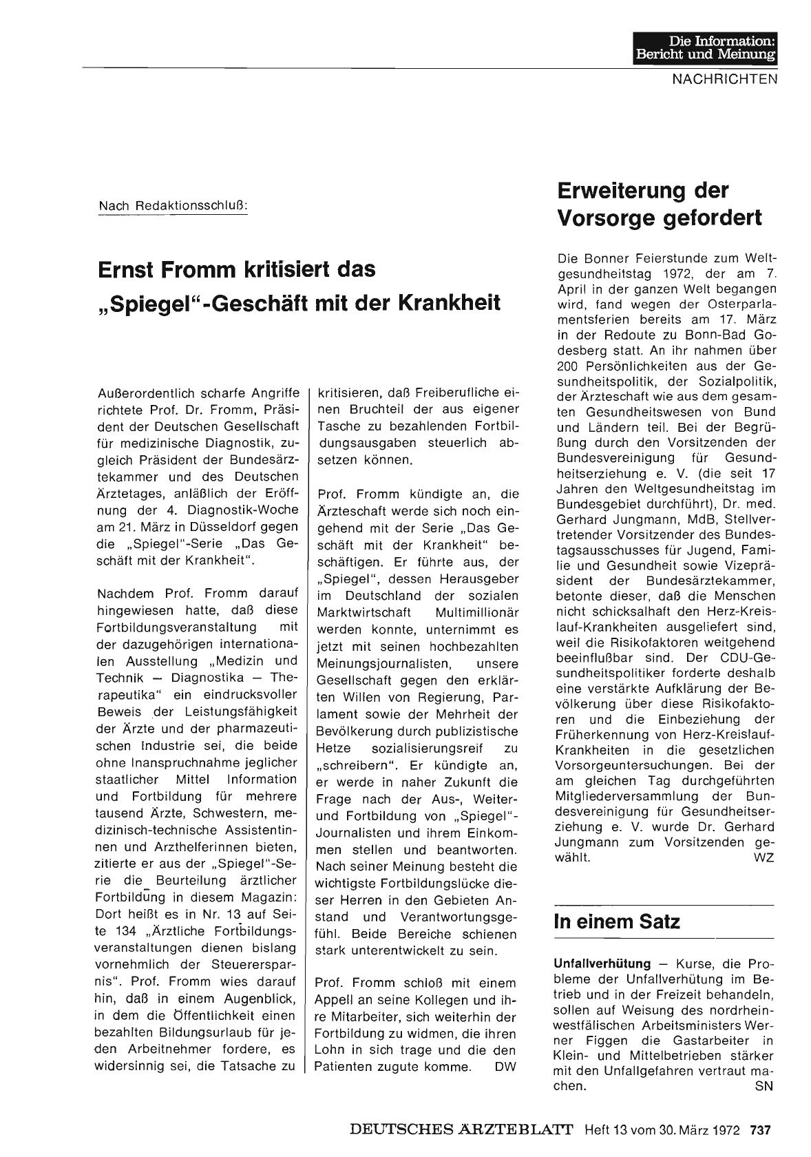 Vorschauseite 1: Nach Redaktionsschluß: Ernst Fromm kritisiert das „Spiegel"-Geschäft mit der Krankheit