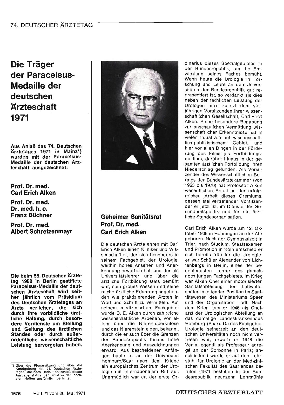 Vorschauseite 1: Die Träger der Paracelsus-Medaille der deutschen Ärzteschaft 1971