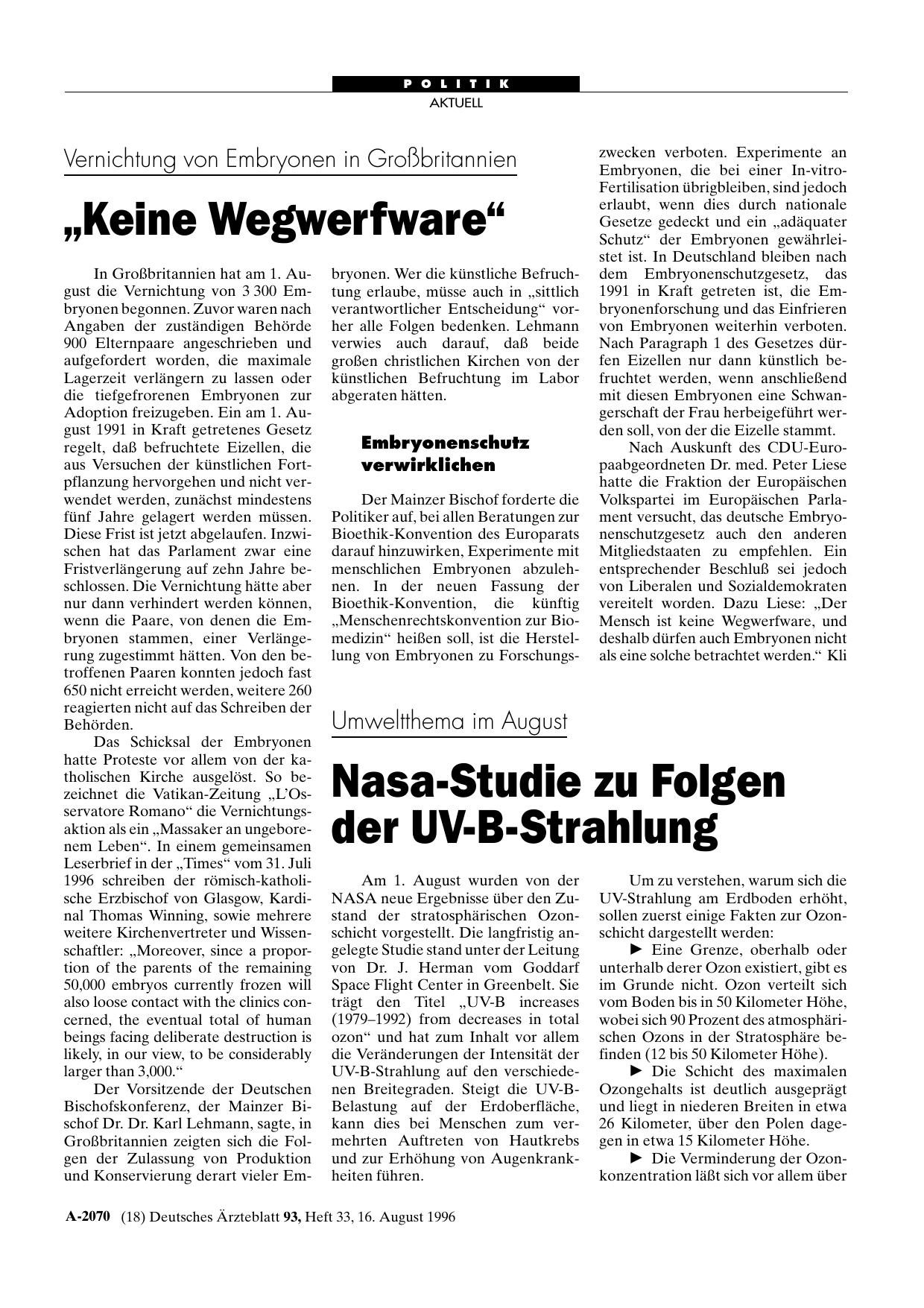 Vorschauseite 1: Umweltthema im August: Nasa-Studie zu Folgen der UV-B-Strahlung
