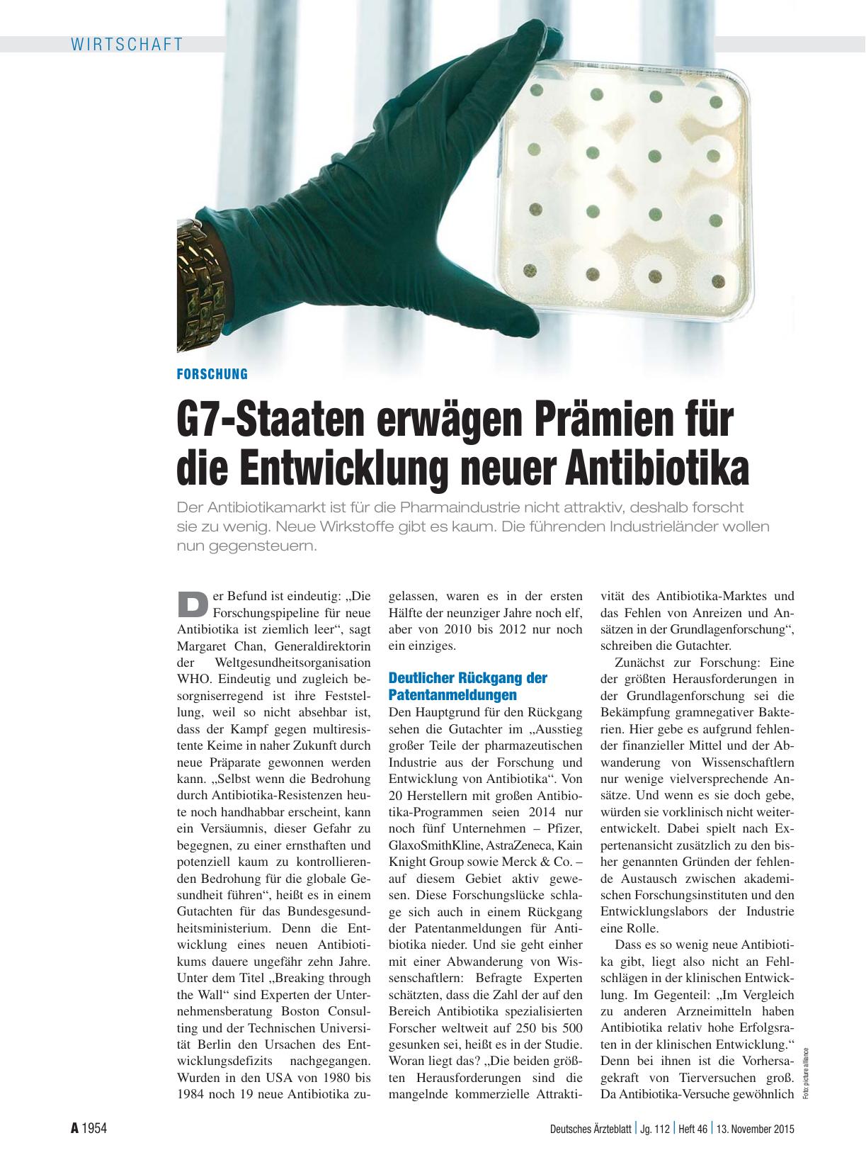 Vorschauseite 1: Forschung: G7-Staaten erwägen Prämien für die Entwicklung neuer Antibiotika