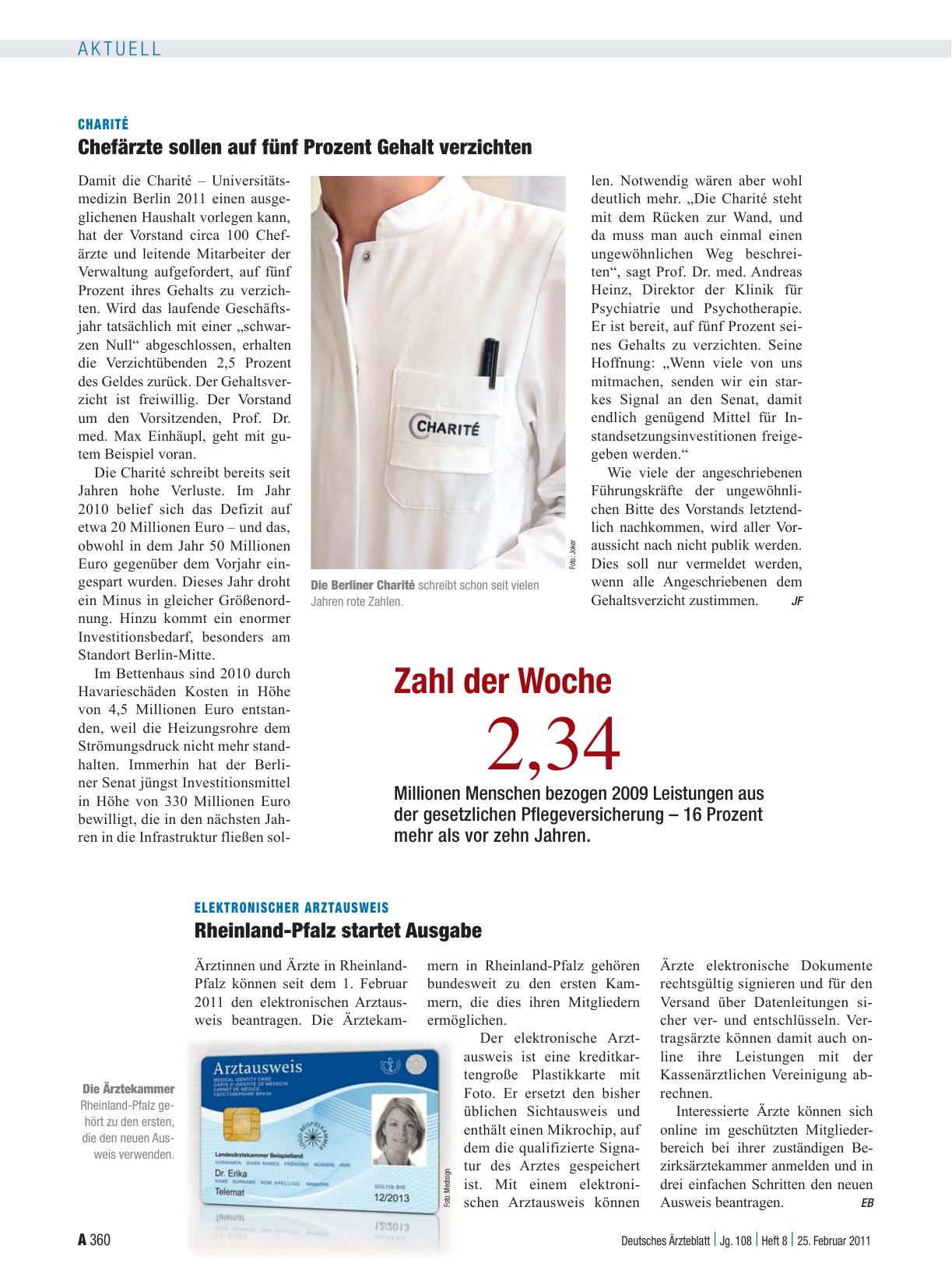 Vorschauseite 1: Charité: Chefärzte sollen auf fünf Prozent Gehalt verzichten