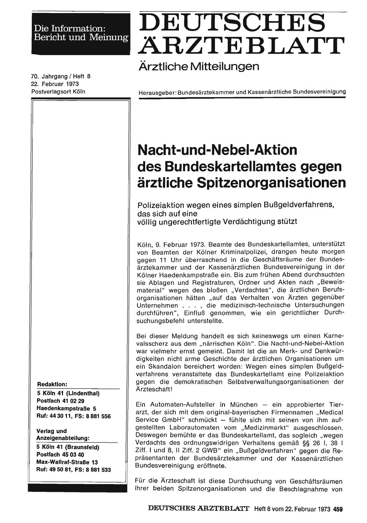Vorschauseite 1: Nacht-und-Nebel-Aktion des Bundeskartellamtes gegen ärztliche Spitzenorganisationen