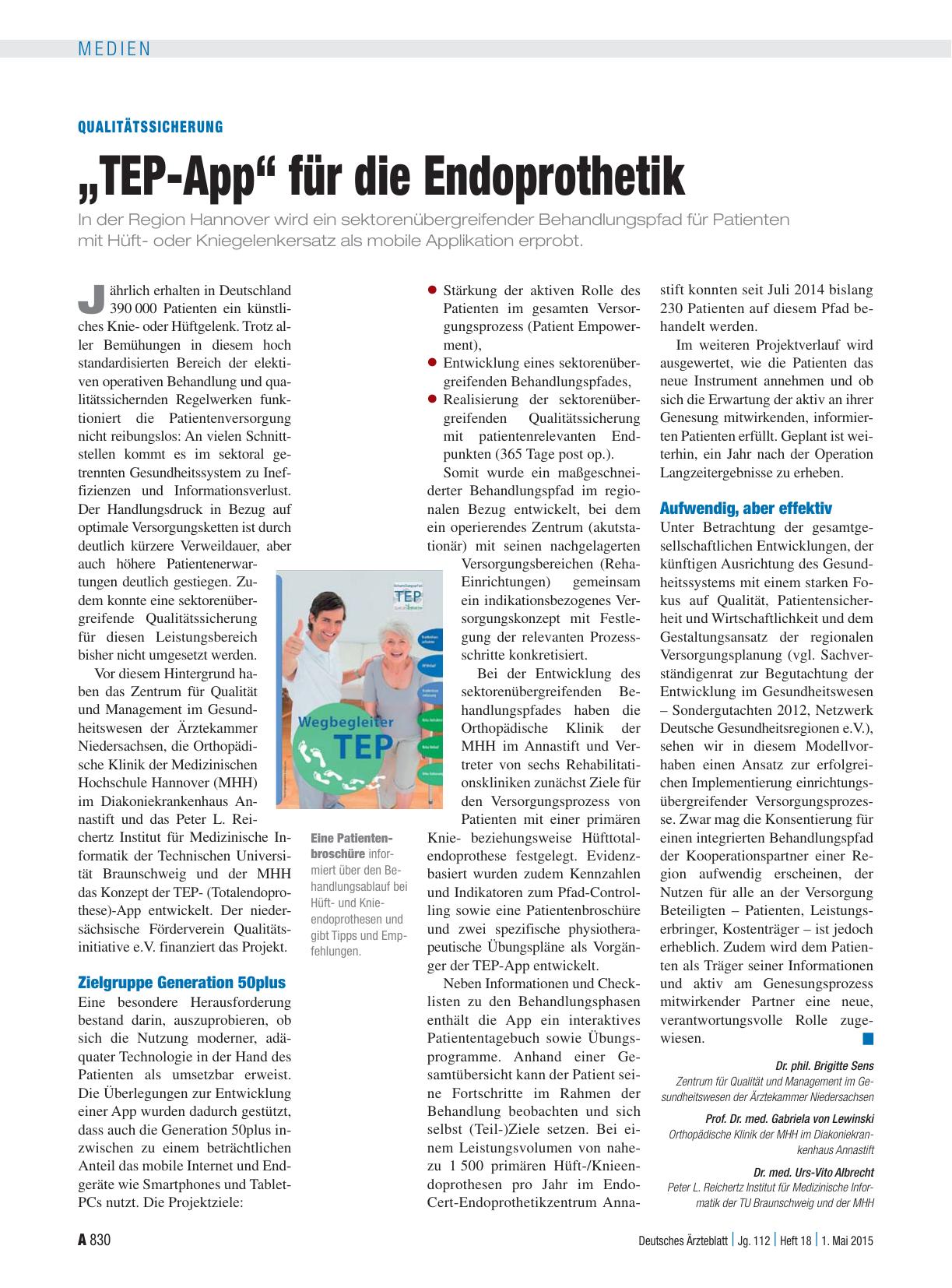 Vorschauseite 1: Qualitätssicherung: „TEP-App“ für die Endoprothetik
