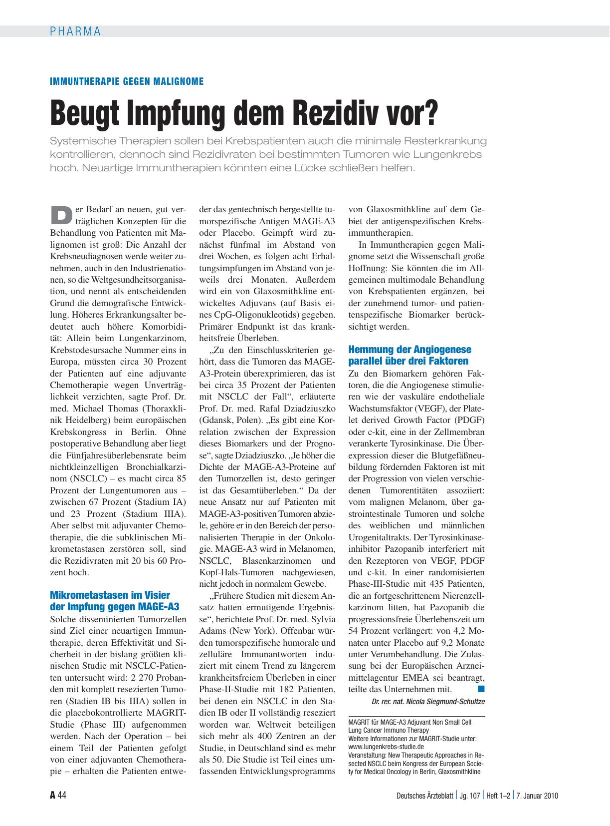Vorschauseite 1: Immuntherapie gegen Malignome: Beugt Impfung dem Rezidiv vor?