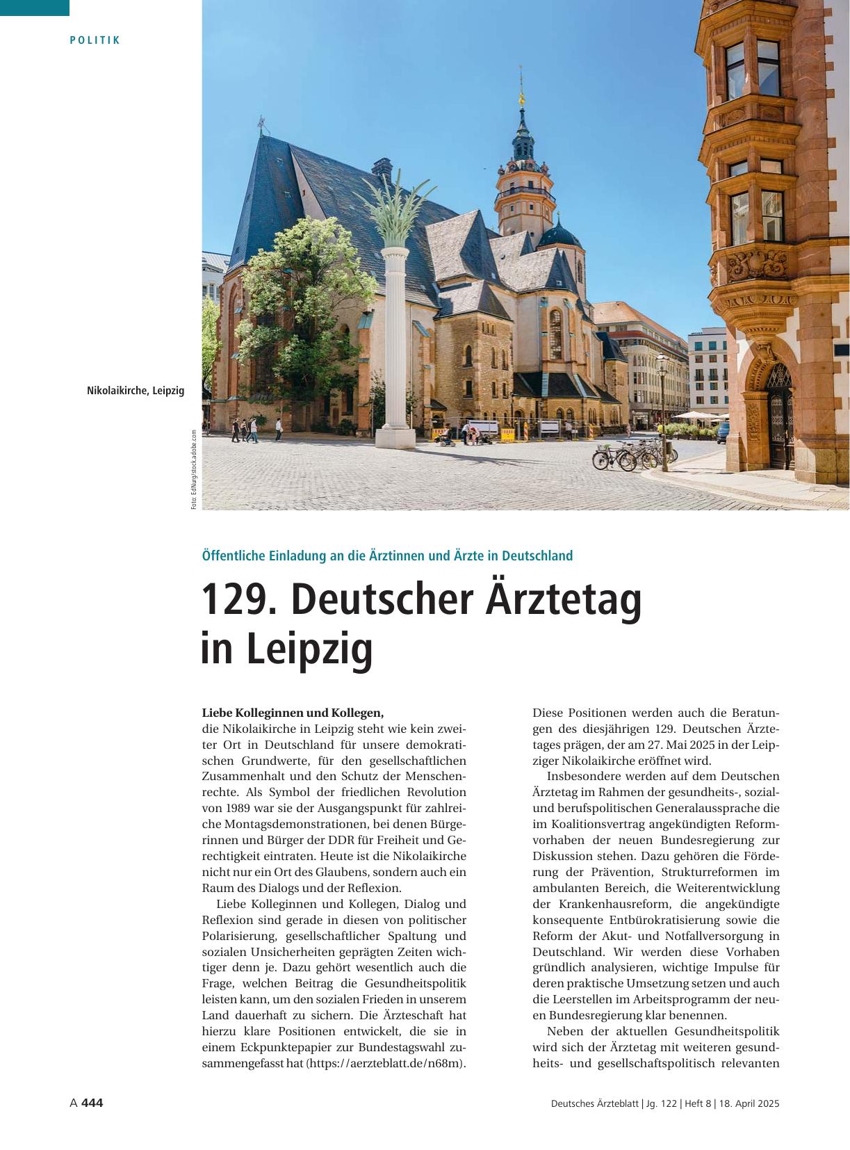 Vorschauseite 1: Öffentliche Einladung an die Ärztinnen und Ärzte in Deutschland: 129. Deutscher Ärztetag in Leipzig