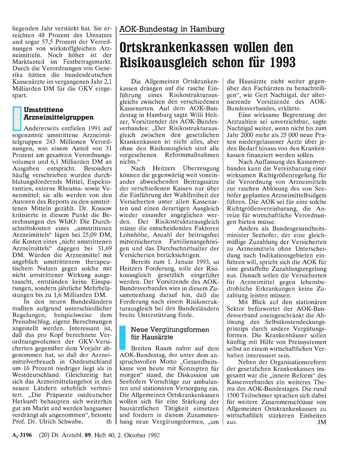 Vorschauseite 1: AOK-Bundestag in Hamburg: Ortskrankenkassen wollen den Risikoausgleich schon für 1993