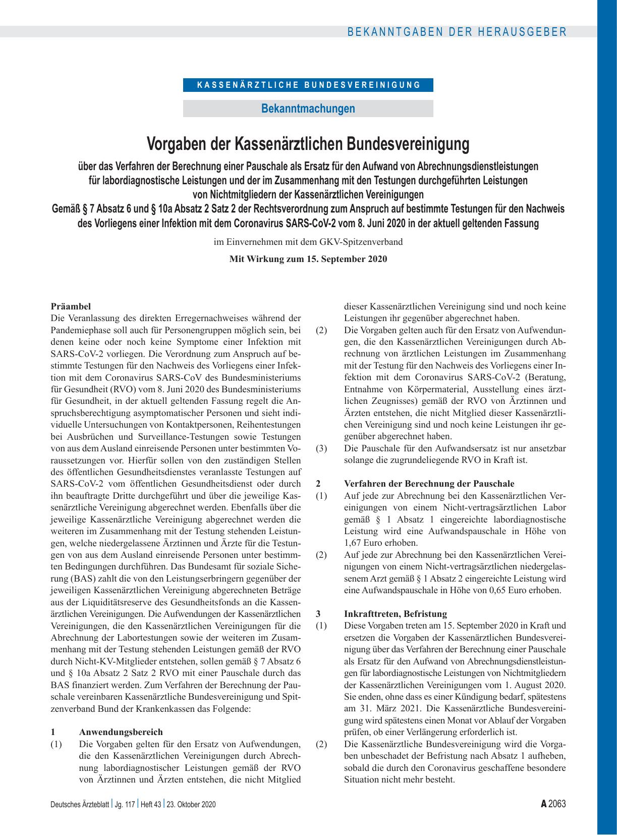 Vorschauseite 1: Vorgaben der Kassenärztlichen Bundesvereinigung über das Verfahren der Berechnung einer Pauschale als Ersatz für den Aufwand von Abrechnungsdienstleistungen für labordiagnostische…