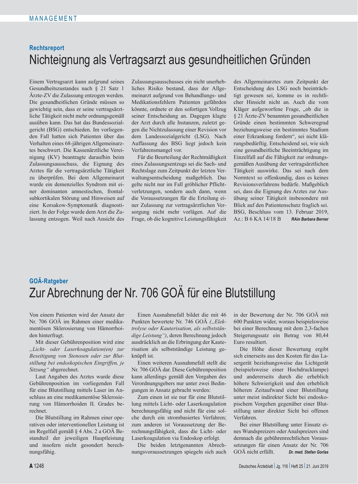 Vorschauseite 1: Rechtsreport: Nichteignung als Vertragsarzt aus gesundheitlichen Gründen