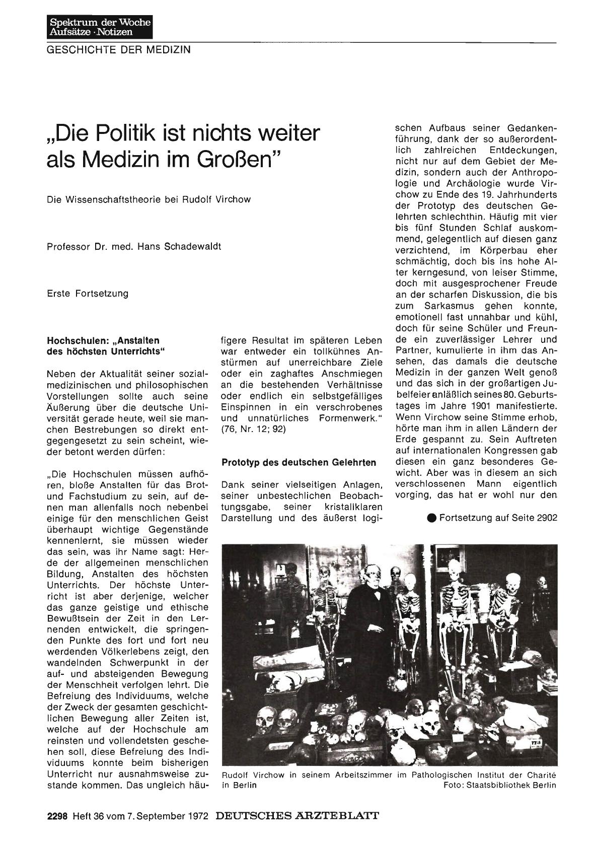 Vorschauseite 1: „Die Politik ist nichts weiter als Medizin im Großen": Die Wissenschaftstheorie bei Rudolf Virchow — Erste Fortsetzung (Teil 1)