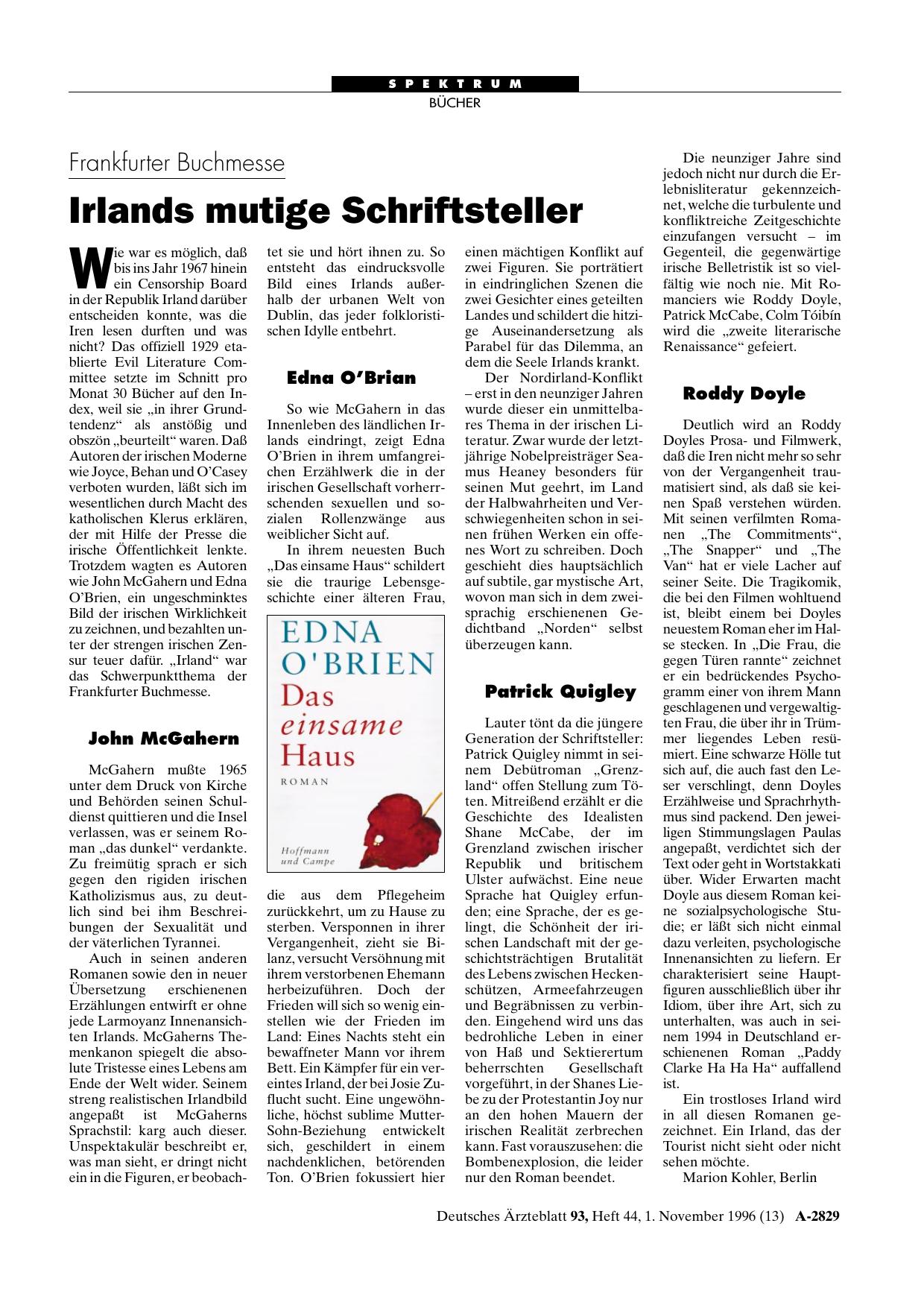 Vorschauseite 1: Frankfurter Buchmesse: Irlands mutige Schriftsteller