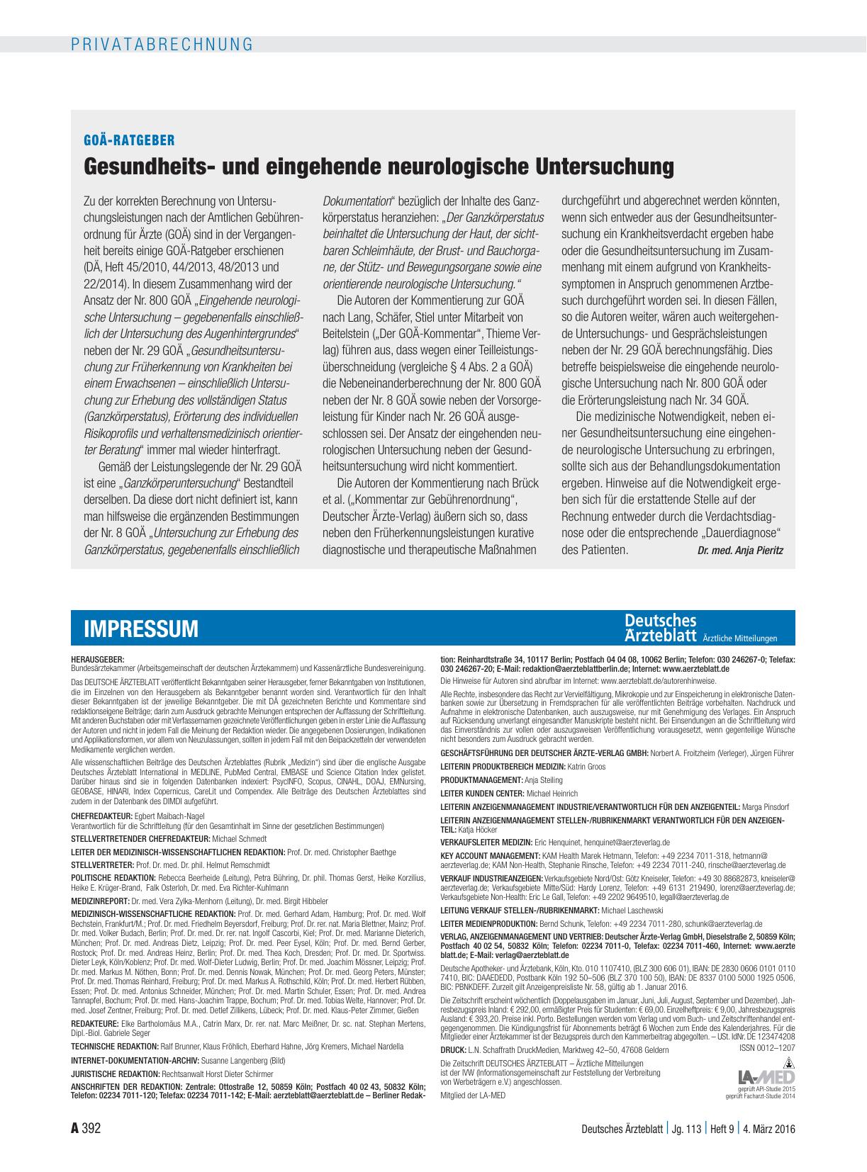 Vorschauseite 1: GOÄ-Ratgeber: Gesundheitsund eingehende neurologische Untersuchung