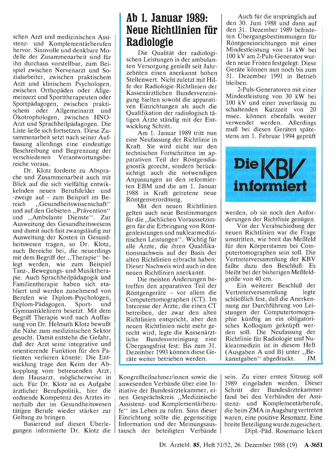 Vorschauseite 1: Ab 1. Januar 1989: Neue Richtlinien für Radiologie