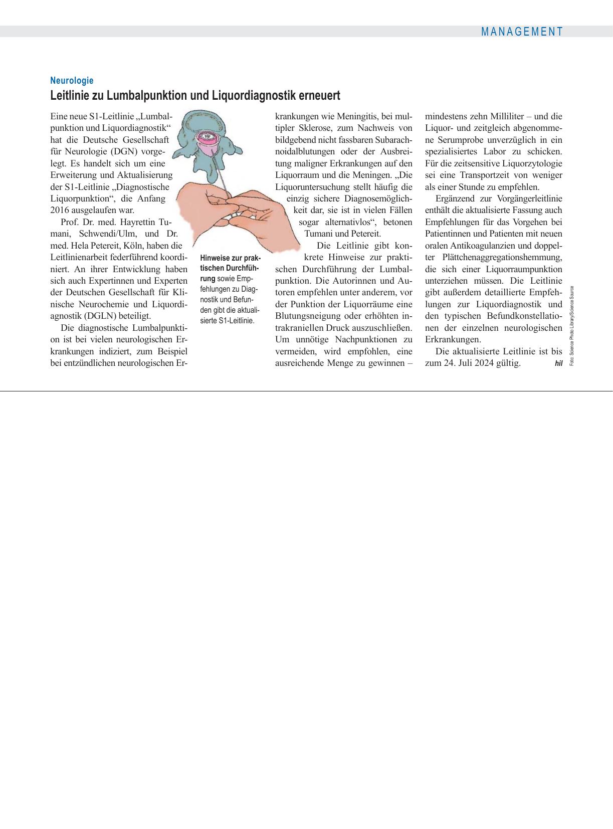 Vorschauseite 1: Neurologie: Leitlinie zu Lumbalpunktion und Liquordiagnostik erneuert