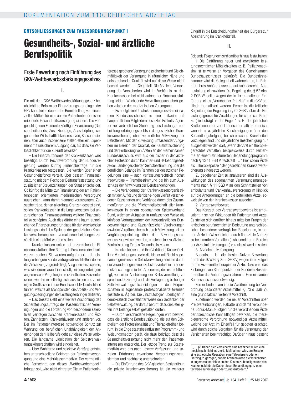 Vorschauseite 1: Entschliessungen zum Tagesordnungspunkt I: Gesundheits-, Sozialund ärztliche Berufspolitik