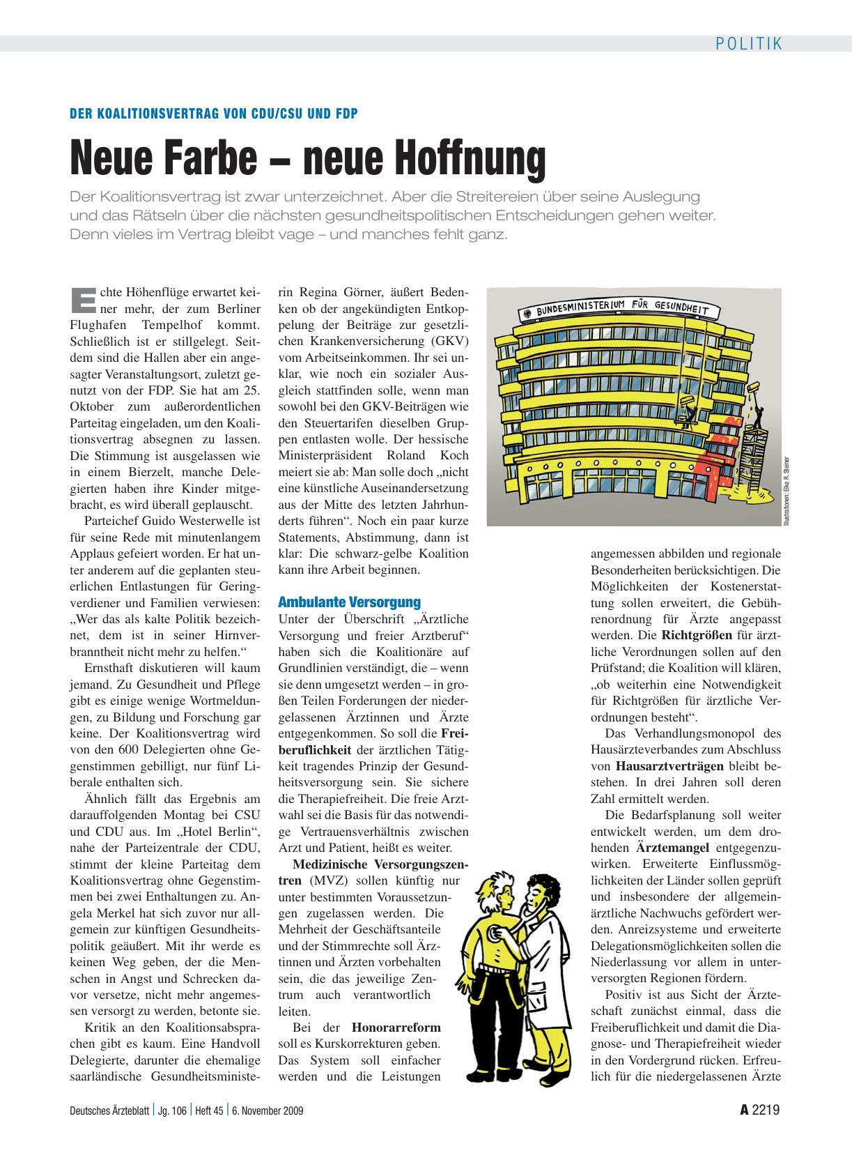 Vorschauseite 1: Der Koalitionsvertrag von CDU/CSU und FDP: Neue Farbe - neue Hoffnung