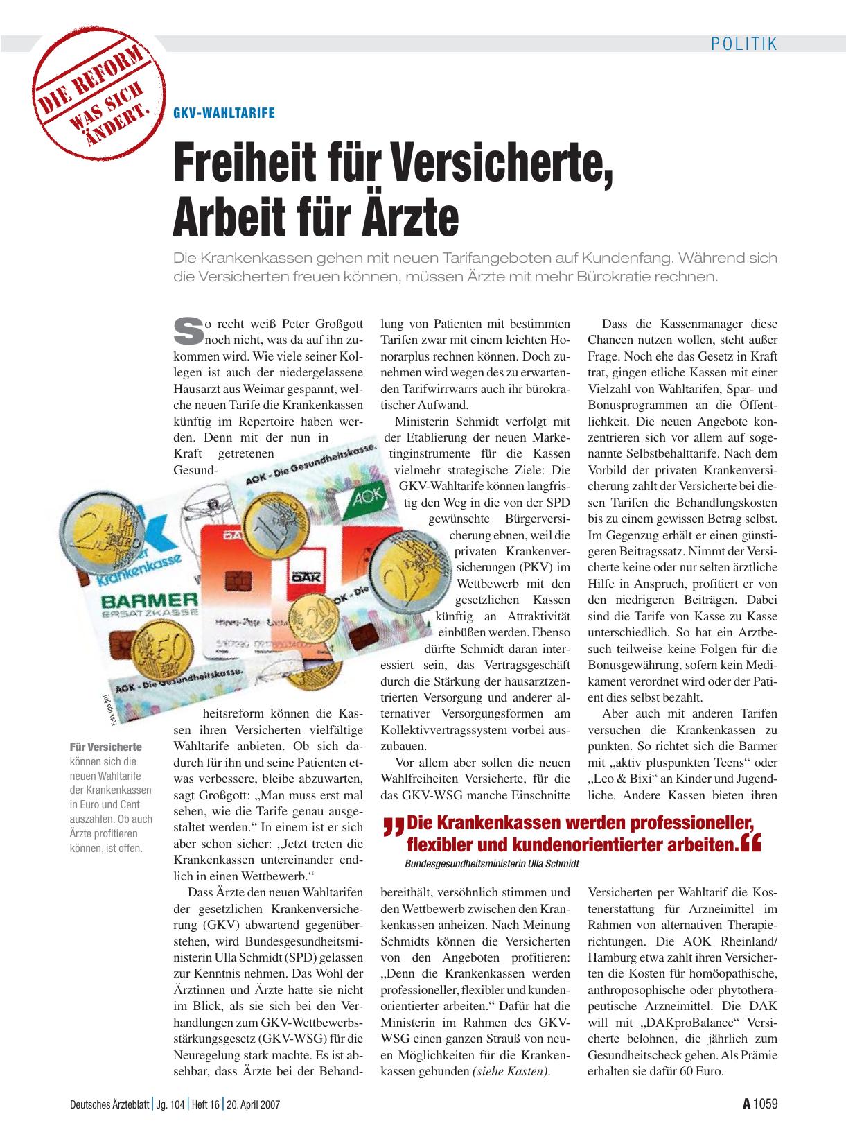 Vorschauseite 1: GKV-Wahltarife: Freiheit für Versicherte, Arbeit für Ärzte