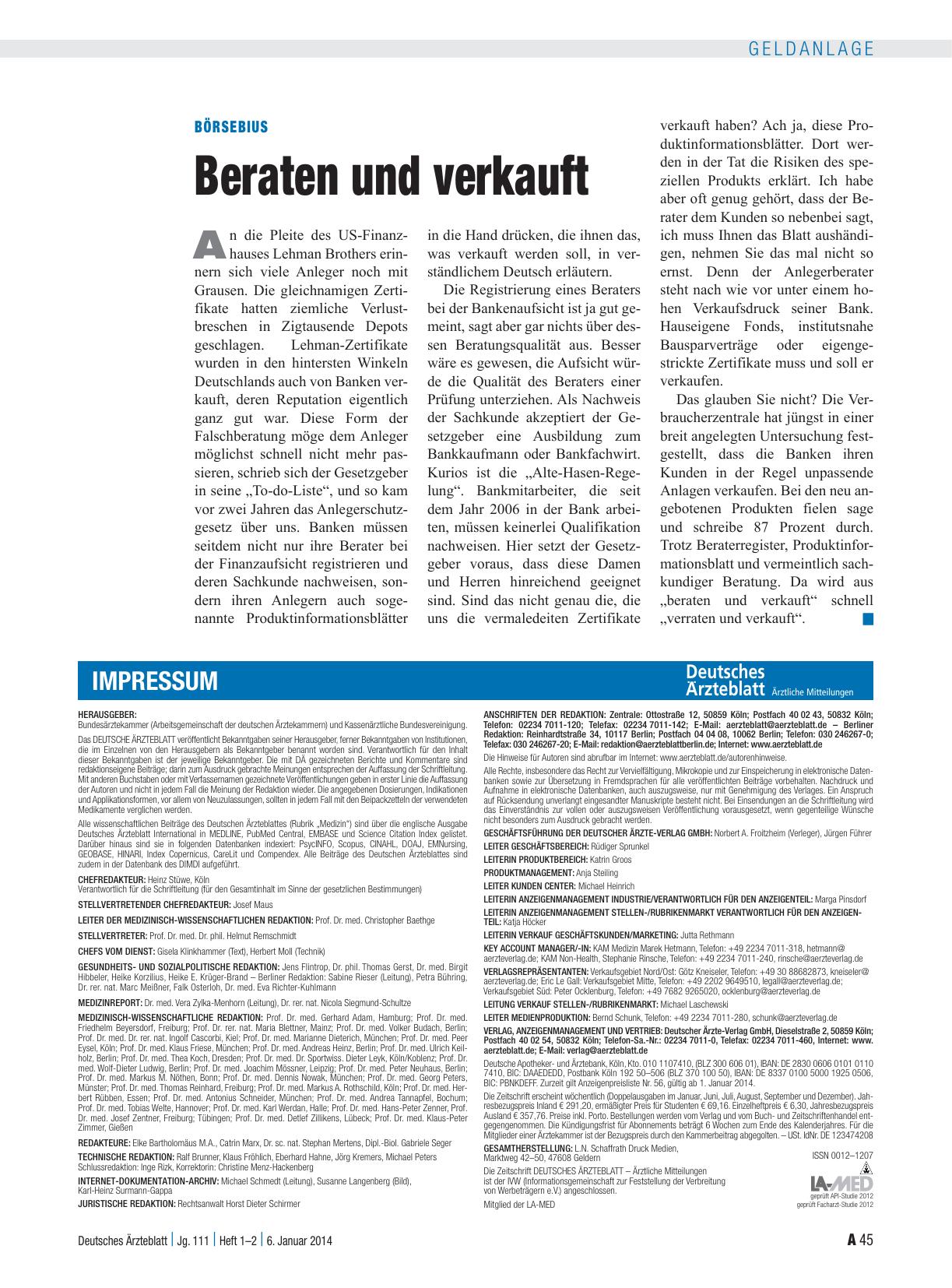 Vorschauseite 1: Börsebius: Beraten und verkauft