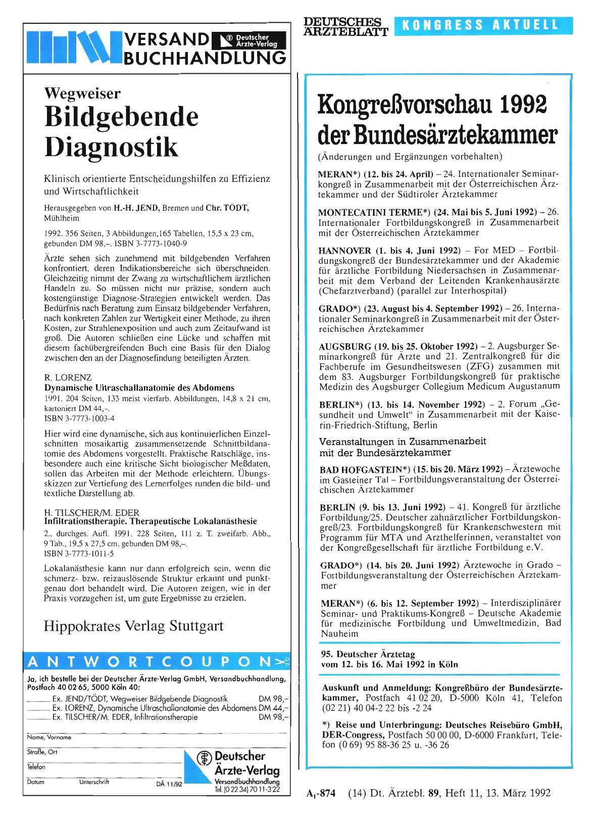 Vorschauseite 1: Kongreßvorschau 1992 der Bundesärztekammer