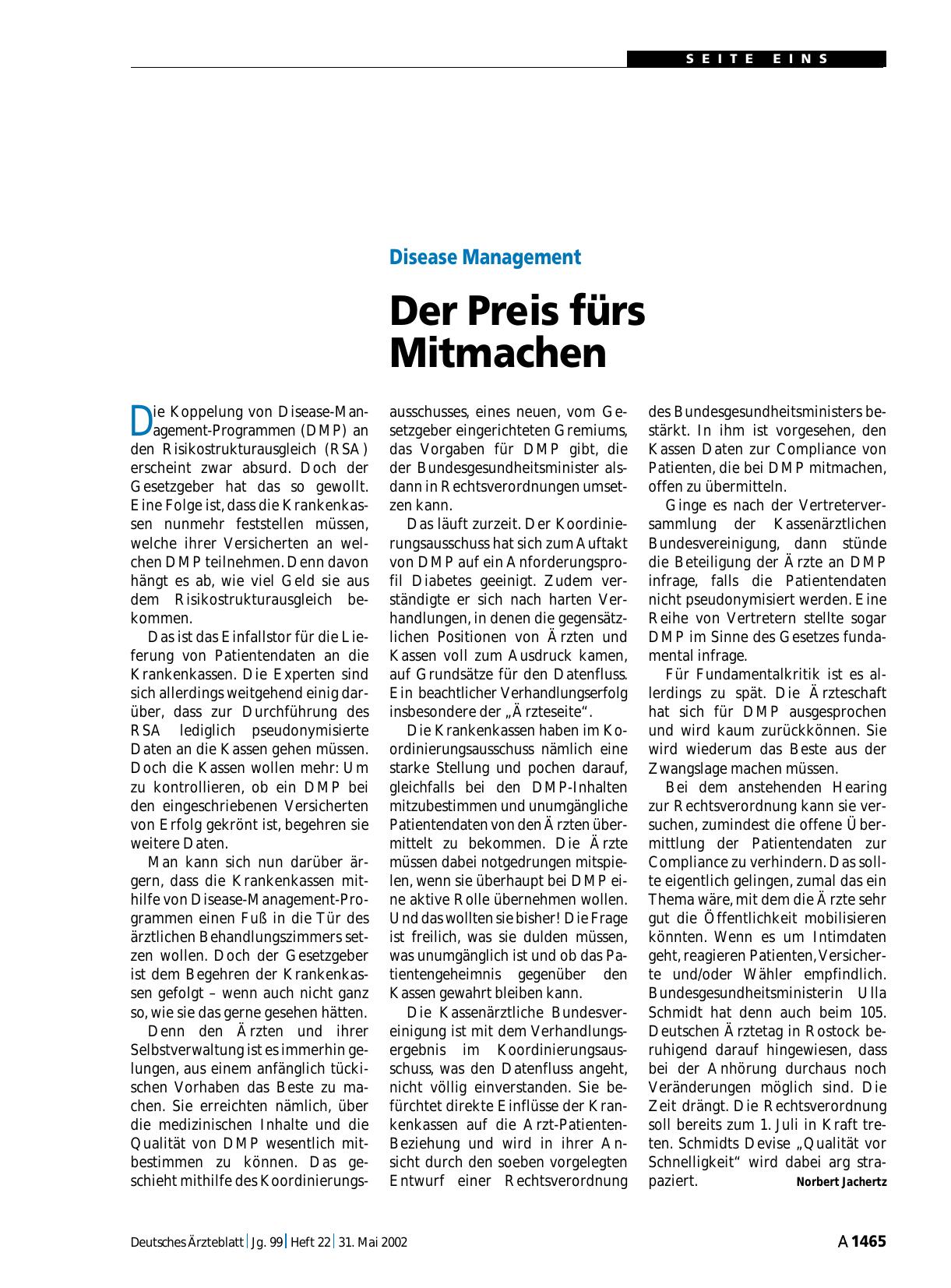 Vorschauseite 1: Disease Management: Der Preis fürs Mitmachen