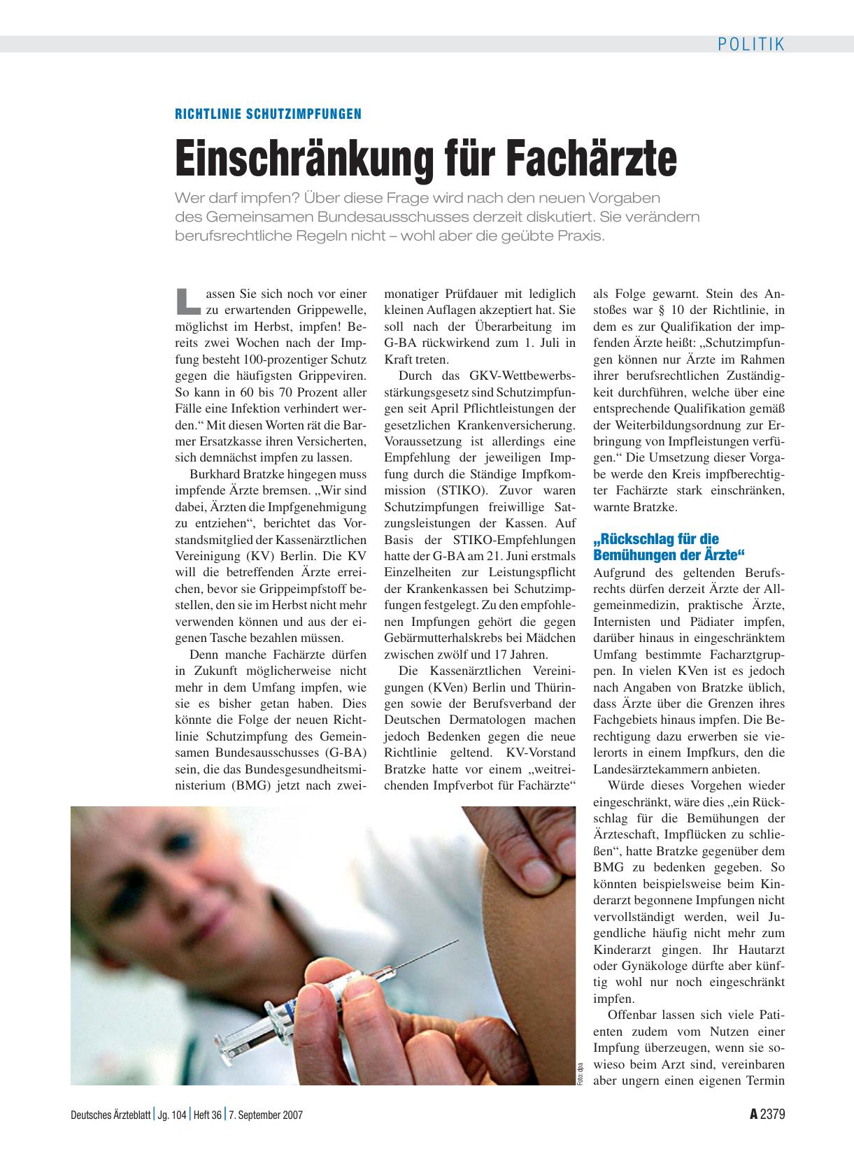 Vorschauseite 1: Richtlinie Schutzimpfungen: Einschränkung für Fachärzte