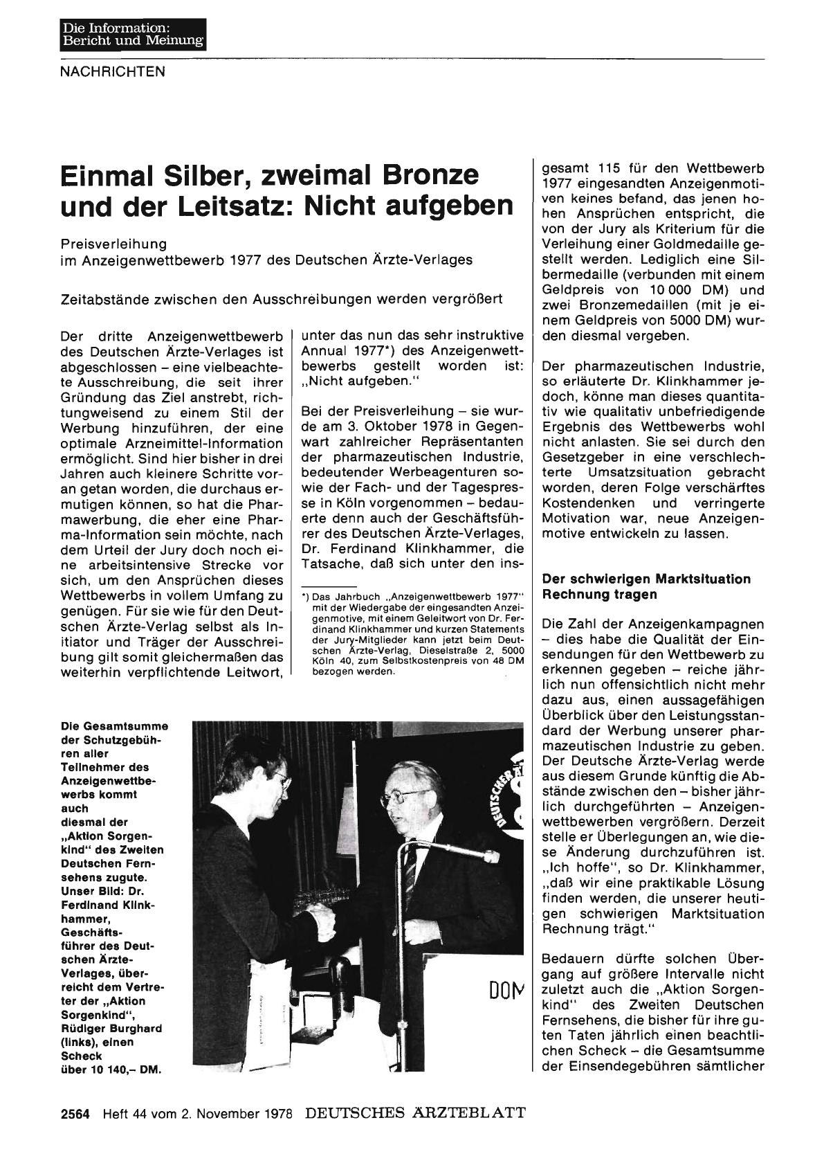 Vorschauseite 1: Einmal Silber, zweimal Bronze und der Leitsatz: Nicht aufgeben - Preisverleihung im Anzeigenwettbewerb 1977 des Deutschen Ärzte-Verlages