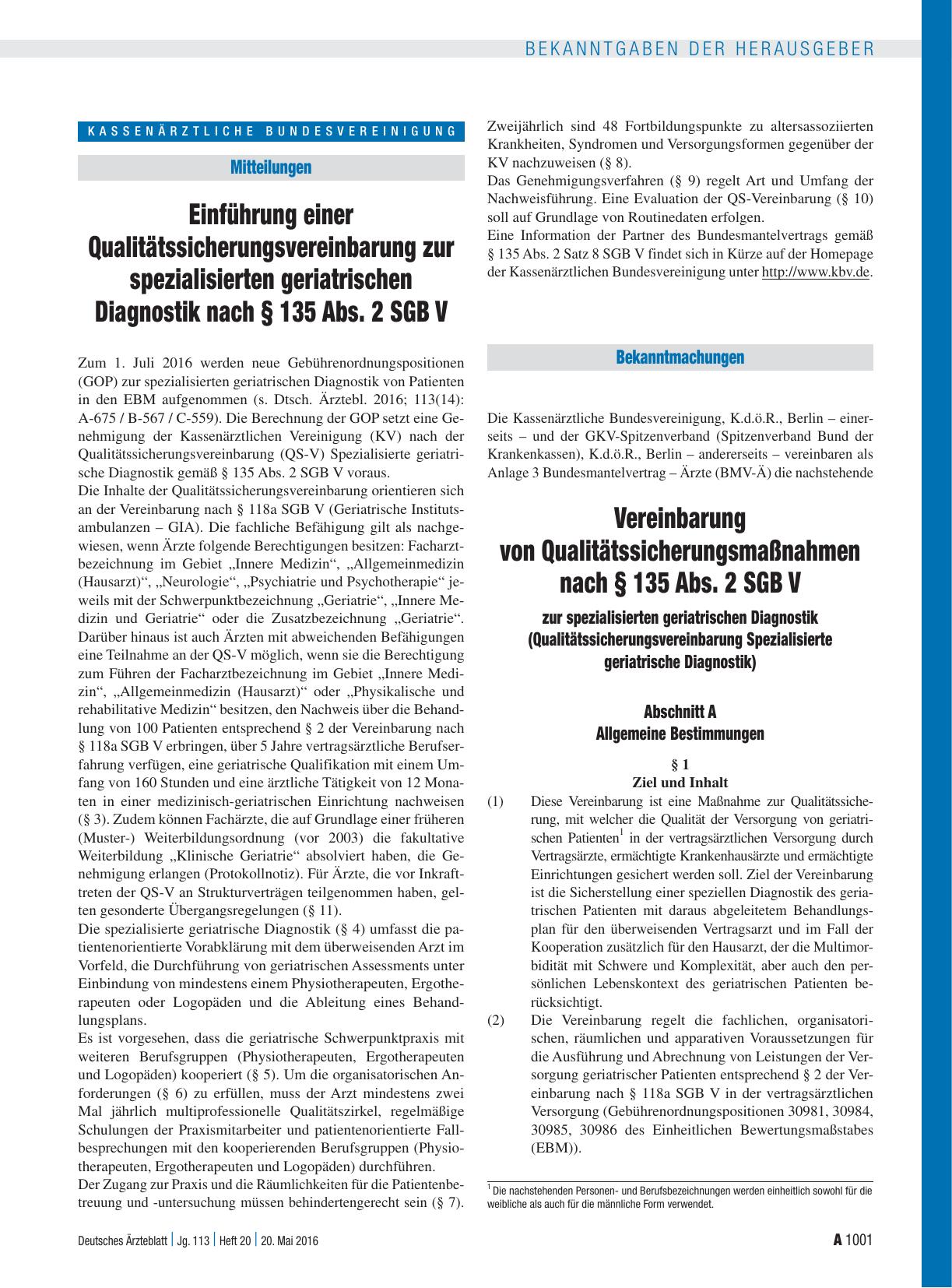 Vorschauseite 1: Vereinbarung von Qualitätssicherungsmaßnahmen nach § 135 Abs. 2 SGB V zur spezialisierten geriatrischen Diagnostik (Qualitätssicherungsvereinbarung Spezialisierte geriatrische Dia…