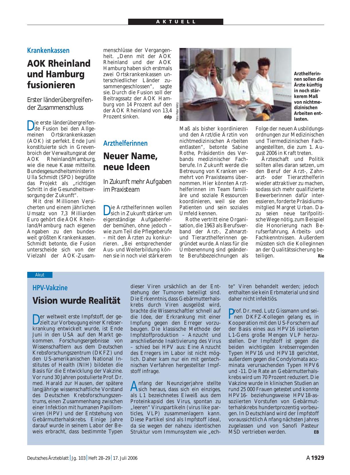 Vorschauseite 1: Krankenkassen: AOK Rheinland und Hamburg fusionieren