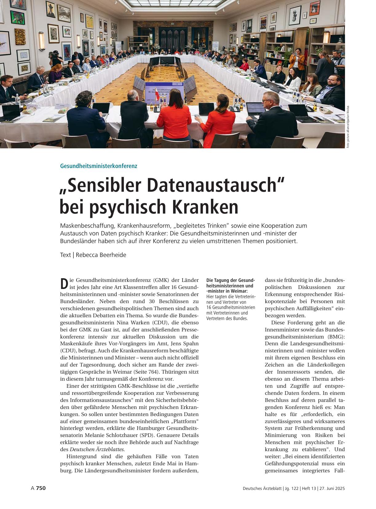 Vorschauseite 1: Gesundheitsministerkonferenz: „Sensibler Datenaustausch“ bei psychisch Kranken