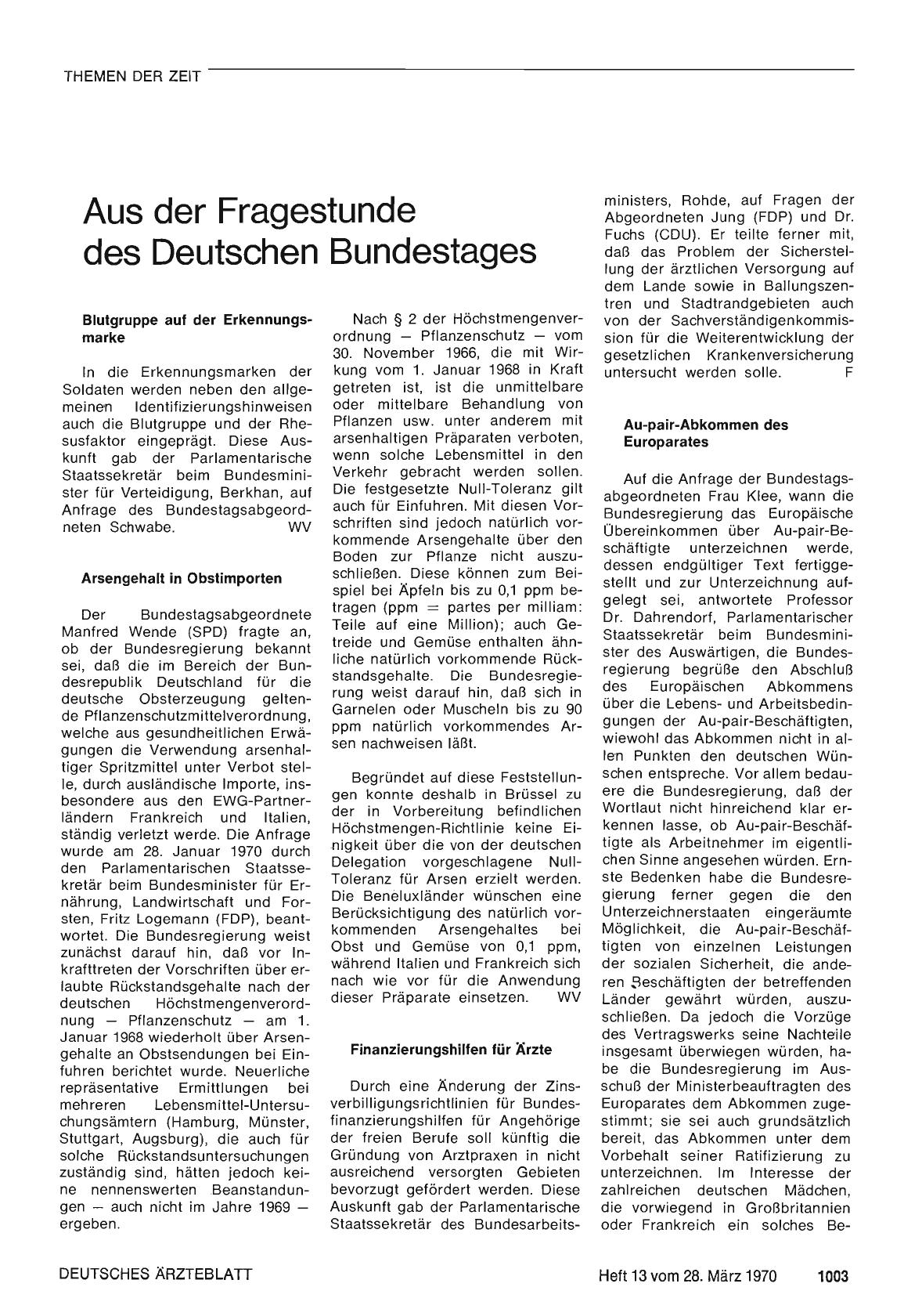 Vorschauseite 1: Aus der Fragestunde des Deutschen Bundestages