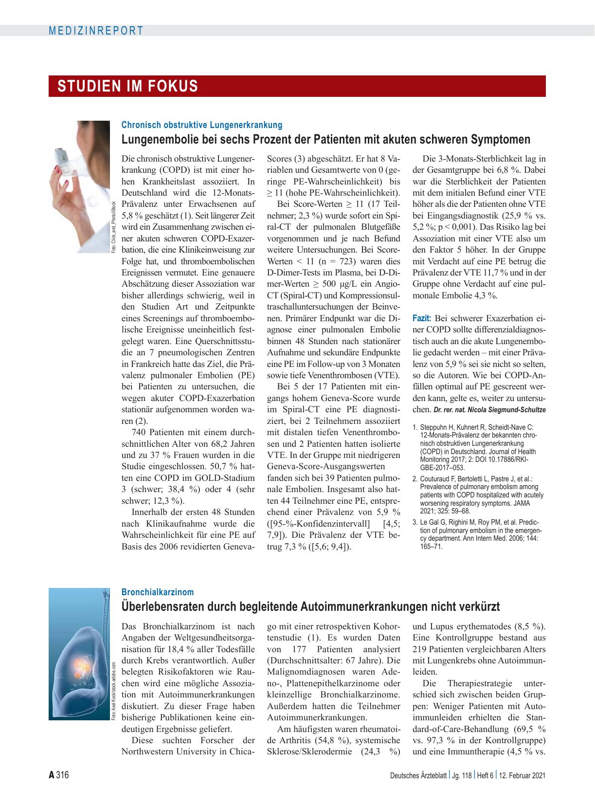 Vorschauseite 1: Chronisch obstruktive Lungenerkrankung: Lungenembolie bei sechs Prozent der Patienten mit akuten schweren Symptomen