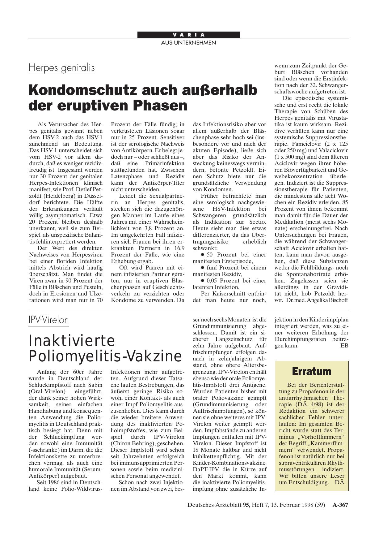 Vorschauseite 1: Herpes genitalis: Kondomschutz auch außerhalb der eruptiven Phasen