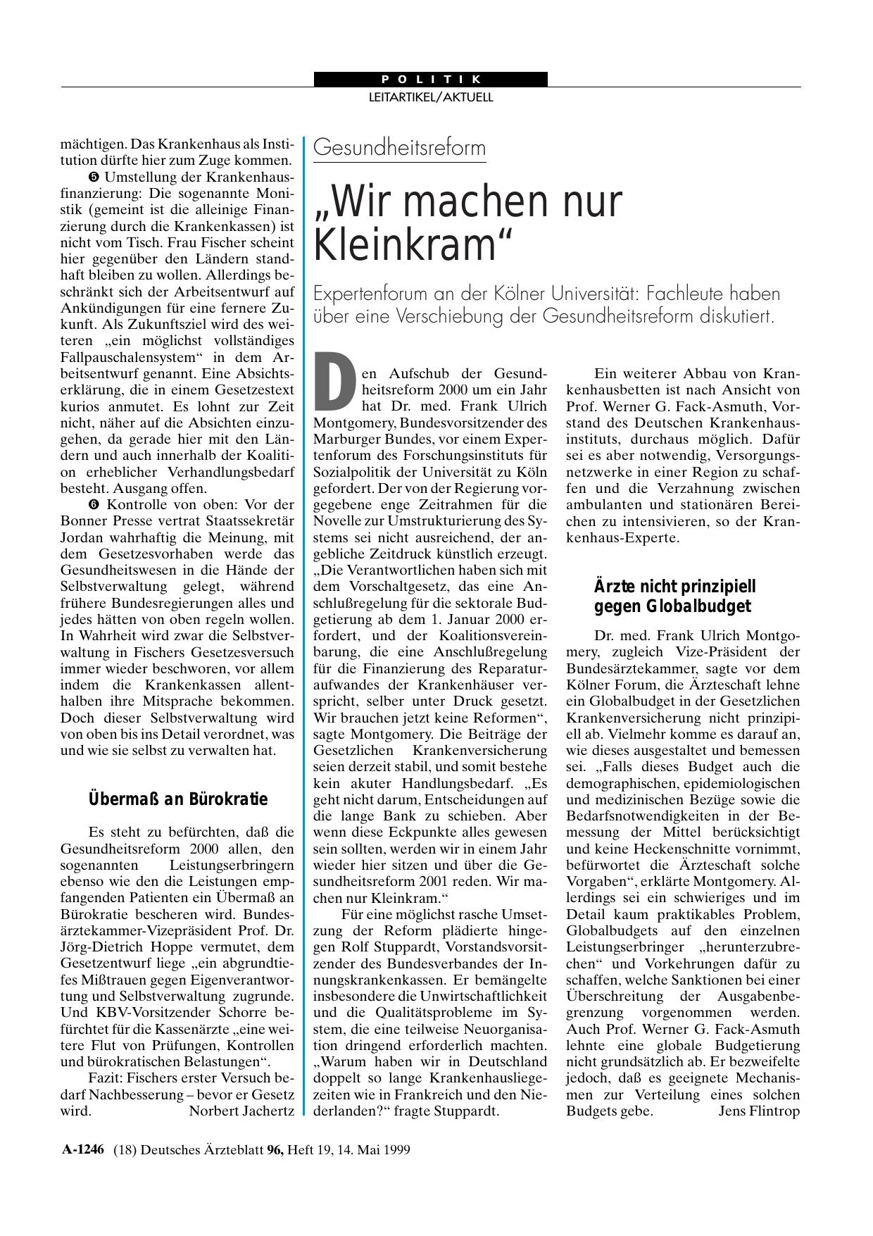 Vorschauseite 1: Gesundheitsreform: „Wir machen nur Kleinkram“