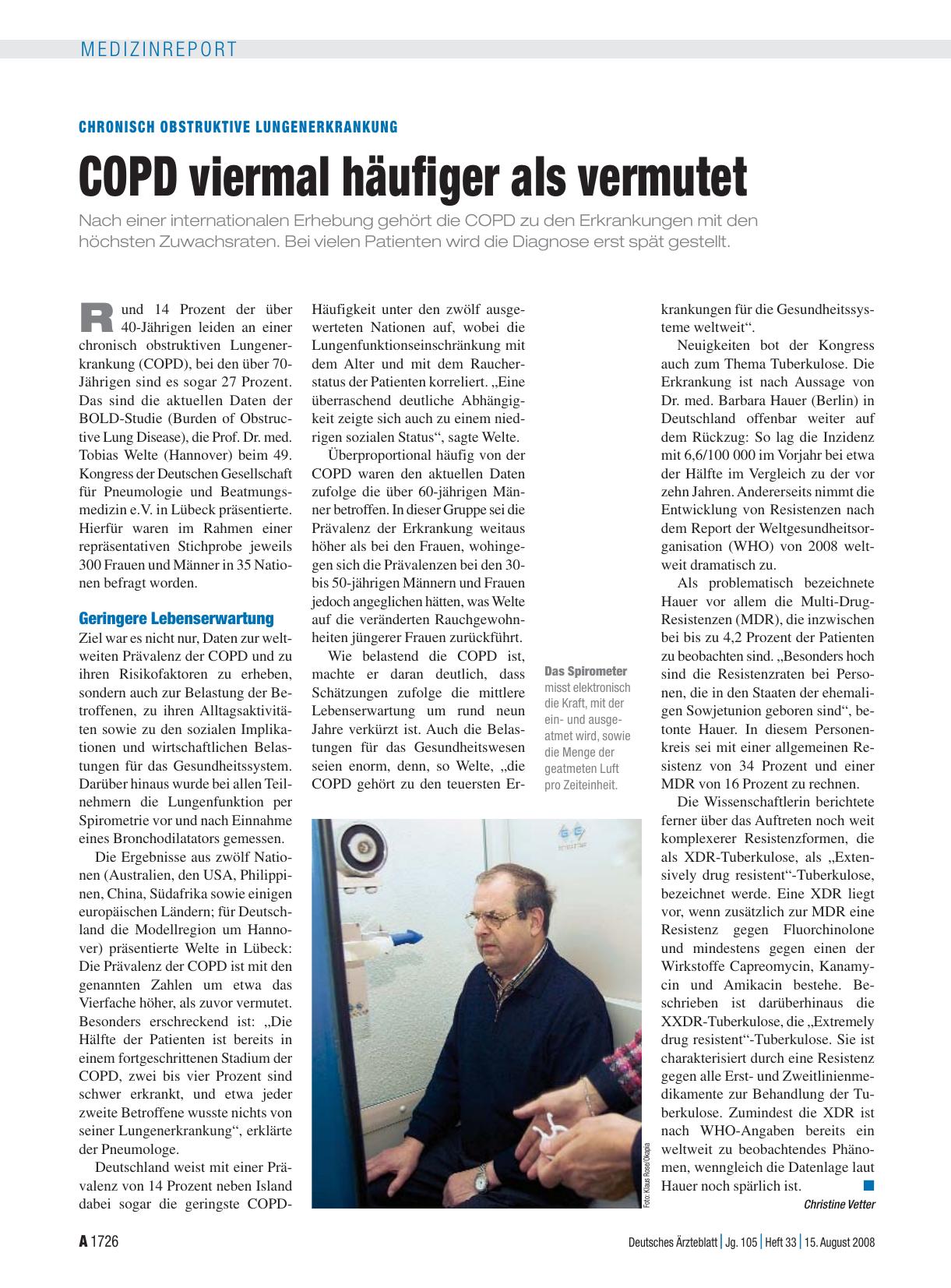 Vorschauseite 1: Chronisch obstruktive Lungenerkrankung COPD viermal häufiger als vermutet
