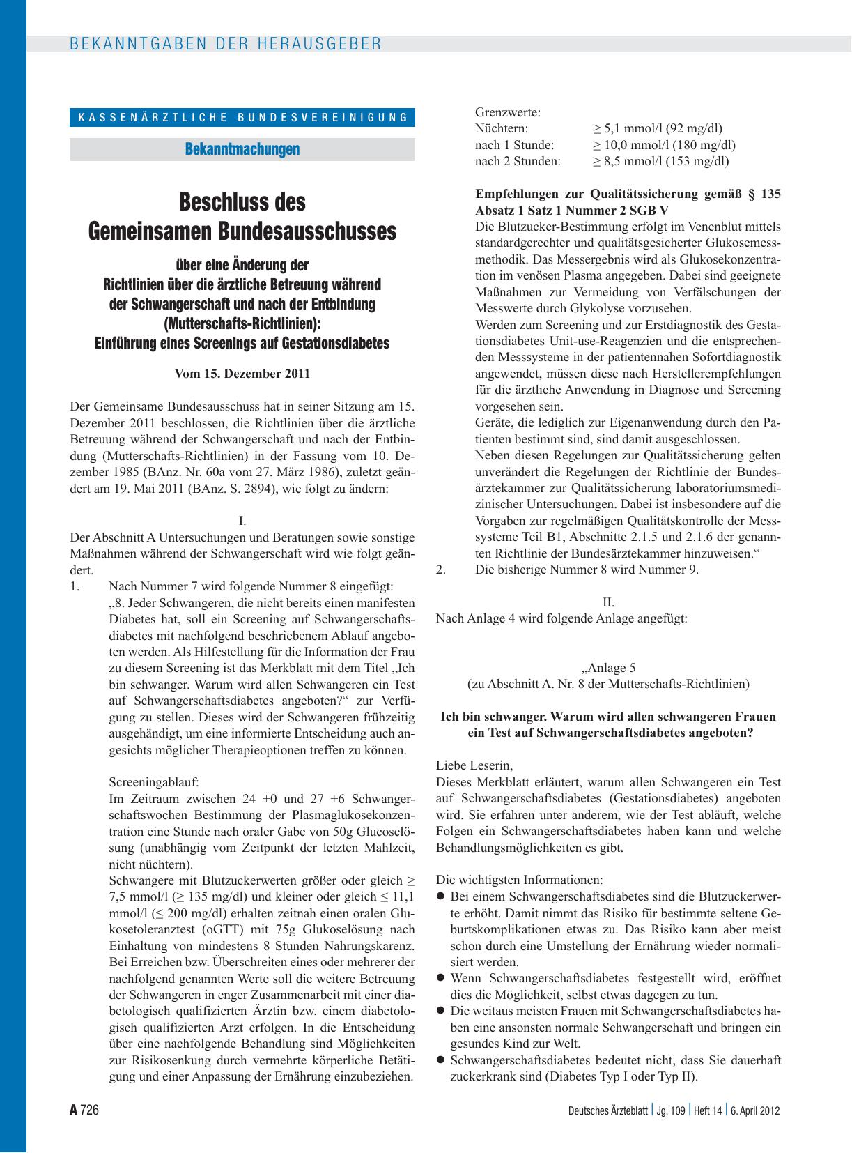 Vorschauseite 1: Beschluss des Gemeinsamen Bundesausschusses über eine Änderung der Richtlinien über die ärztliche Betreuung während der Schwangerschaft und nach der Entbindung (Mutterschafts-Rich…