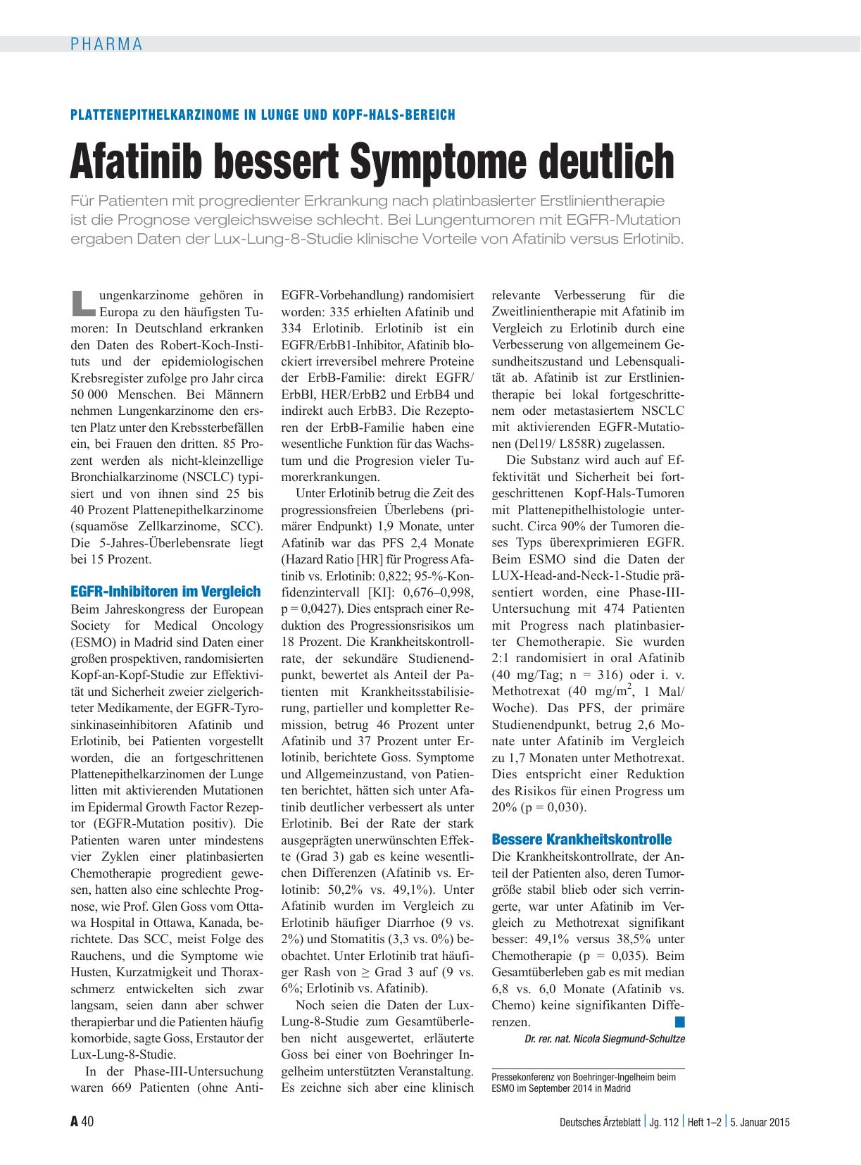 Vorschauseite 1: Plattenepithelkarzinome in Lunge und Kopf-Hals-Bereich: Afatinib bessert Symptome deutlich