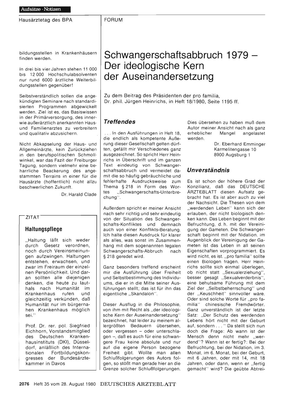 Vorschauseite 1: Schwangerschaftsabbruch 1979 — Der ideologische Kern der Auseinandersetzung: Unverständnis