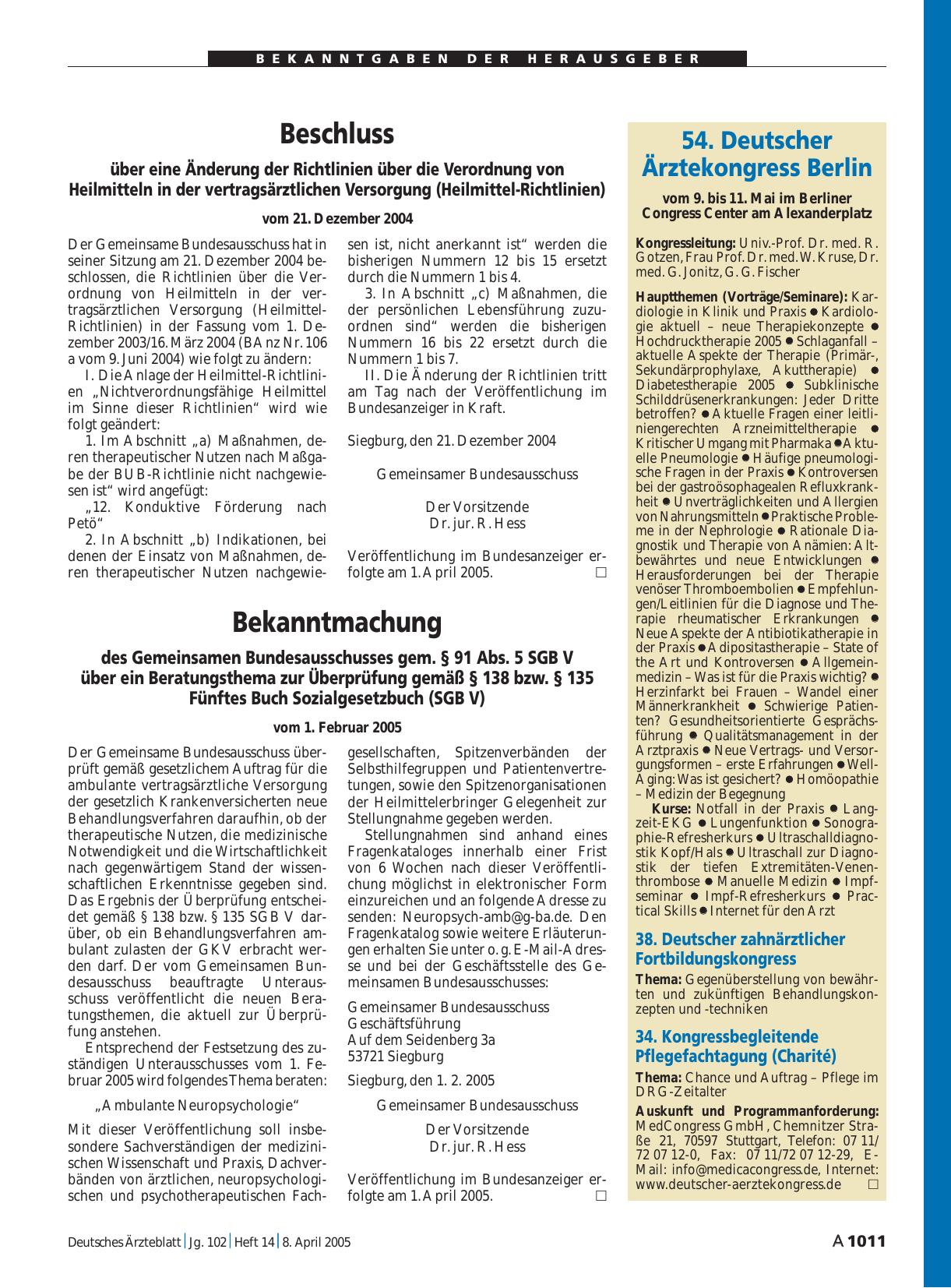 Vorschauseite 1: Beschluss über eine Änderung der Richtlinien über die Verordnung von Heilmitteln in der vertragsärztlichen Versorgung (Heilmittel-Richtlinien) vom 21. Dezember 2004