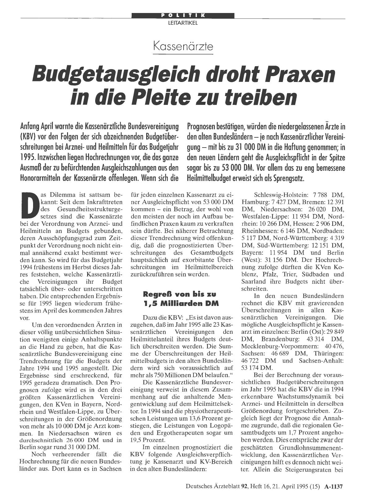Vorschauseite 1: Kassenärzte: Budgetausgleich droht Praxen in die Pleite zu treiben