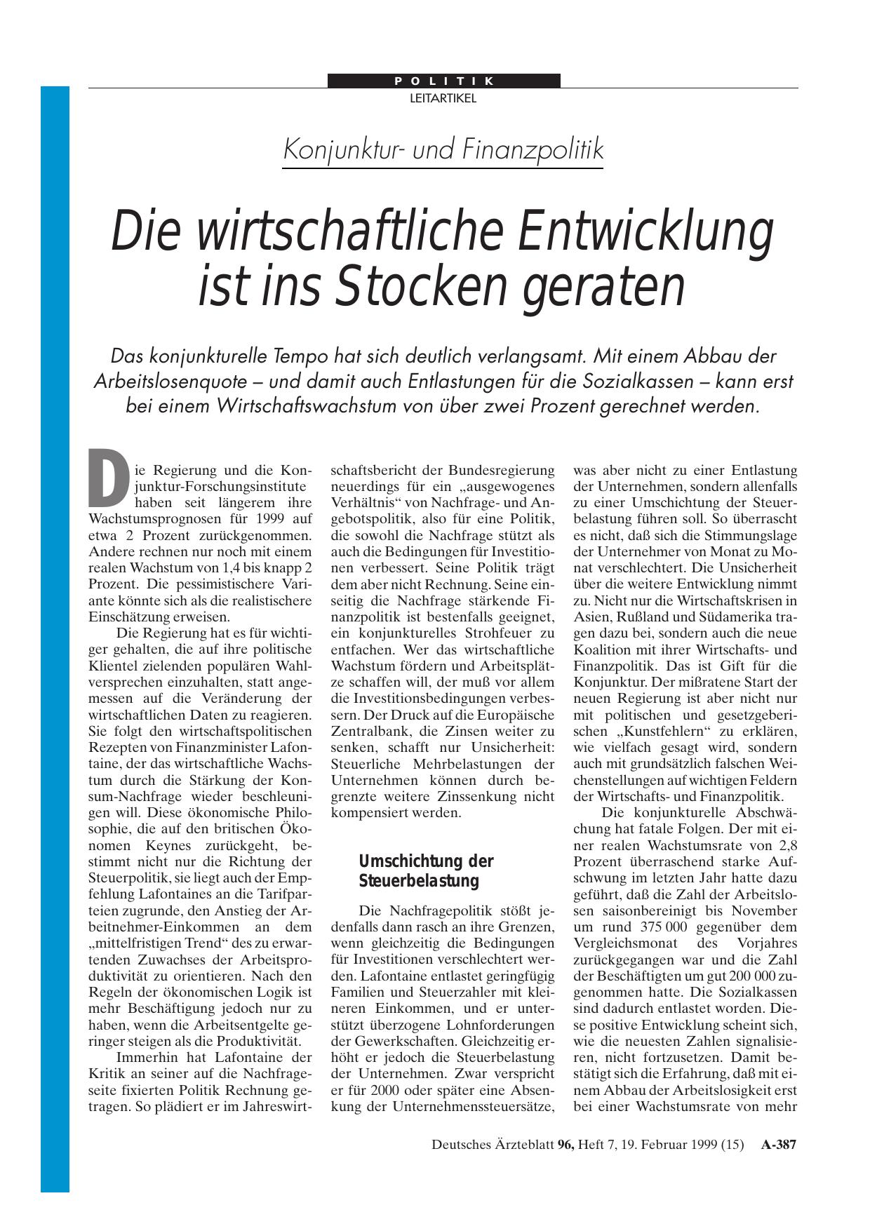 Vorschauseite 1: Konjunkturund Finanzpolitik: Die wirtschaftliche Entwicklung ist ins Stocken geraten